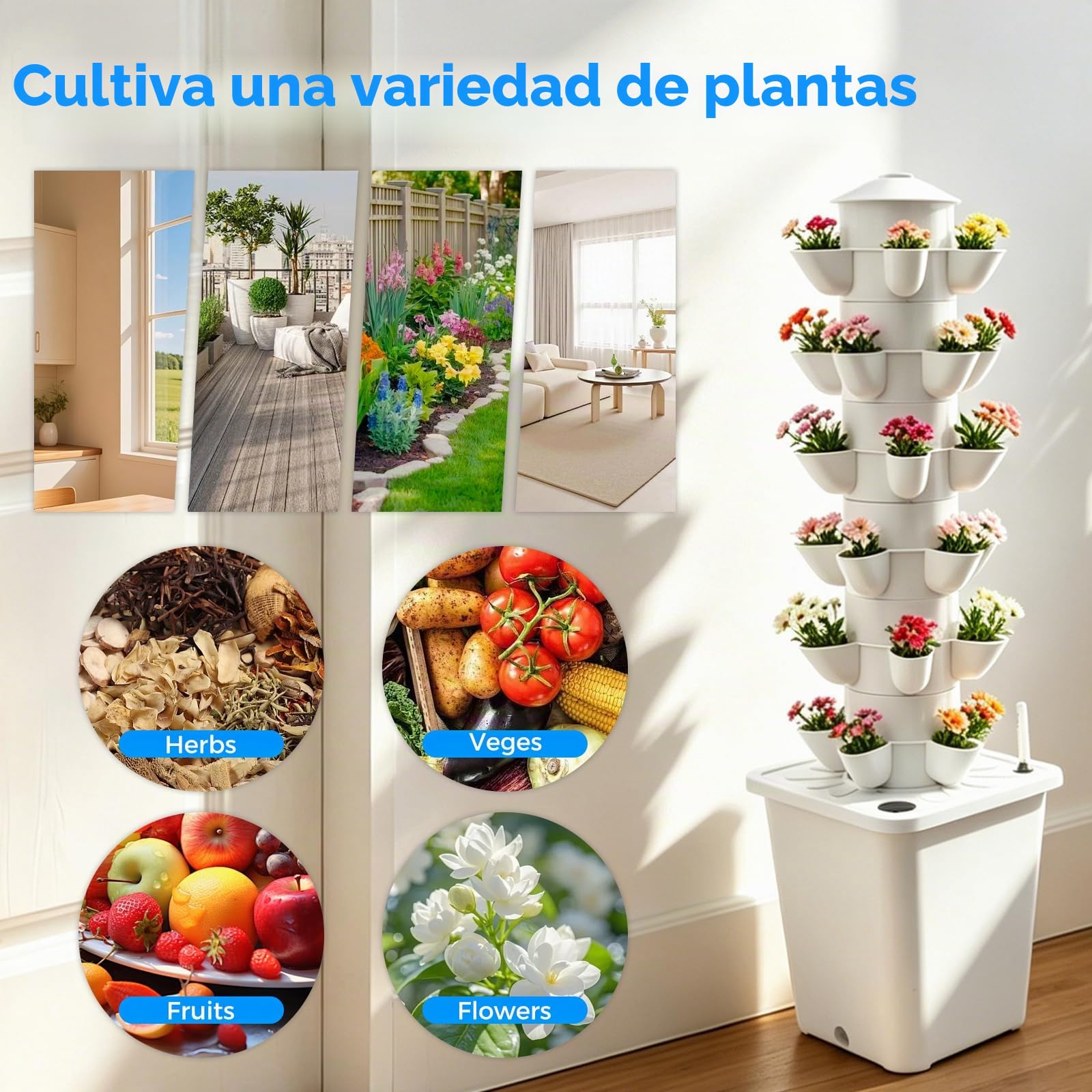 Kit de Cultivo Hidropónico Vertical con 6 Niveles, 30 Agujeros para Plantar con Depósito de Agua de 40L, Sistema de Germinación para Balcones, Verduras