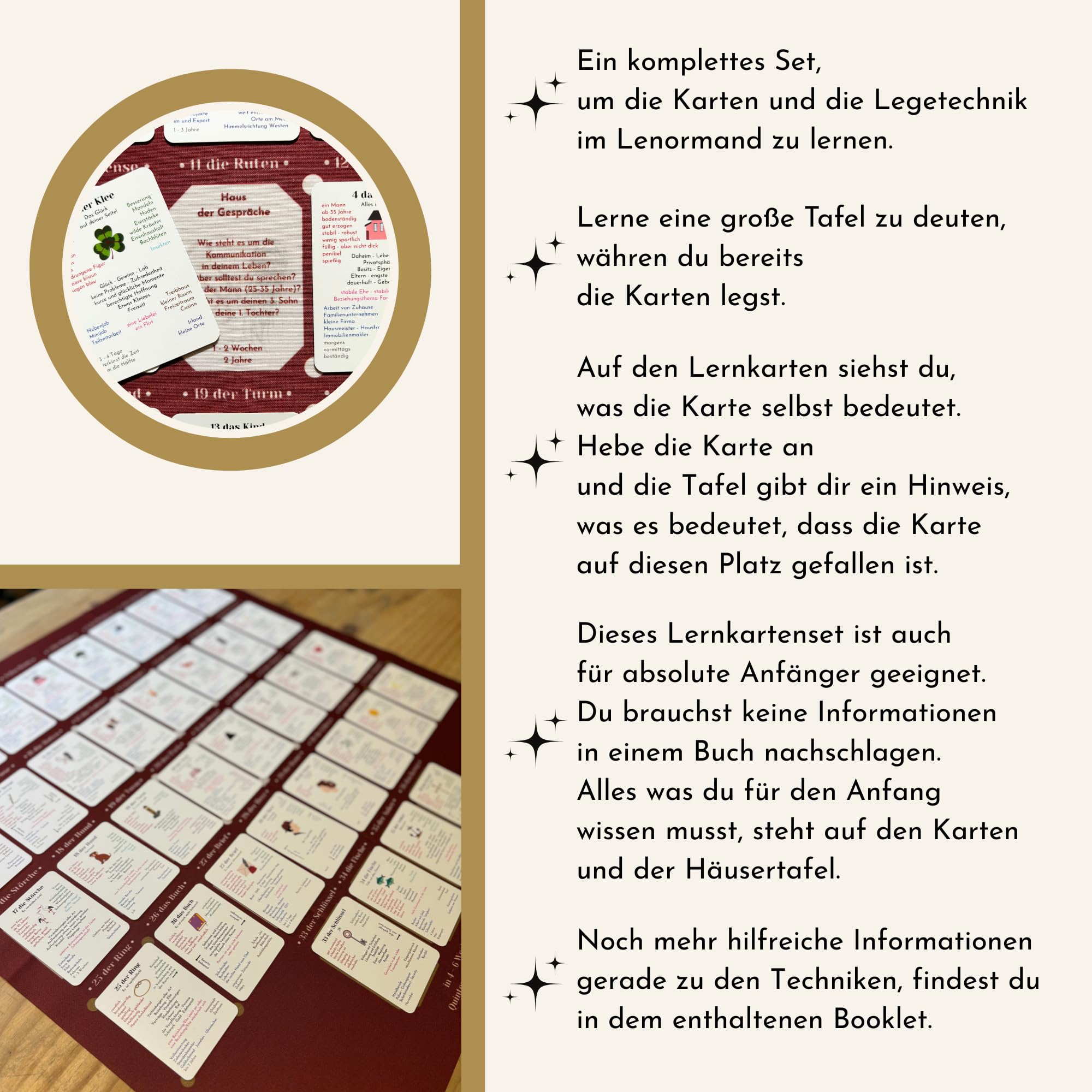 Lenormand Lernkartenset 8x4 für Anfänger und Fortgeschrittene | 8x4+4 Karten, Grand Tableau Lenormanddeck, Legeschablone als Tuch, Booklet inklusive, Einfach Kartenlegen lernen