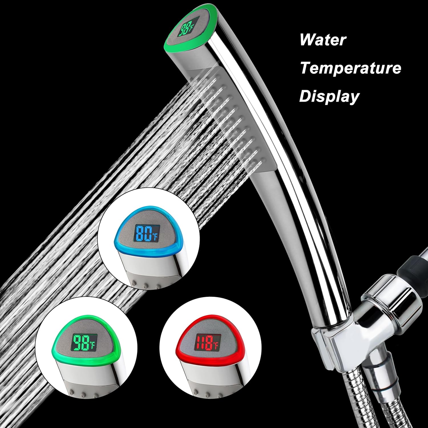 YOO.MEE LED Thermometer Handheld Shower Heads, Water Powered Light to Display Fahrenheit, Special for Skin Showering, Child and Pet Shower, Shower Accessories w/ 79'' Hose, Bracket, Polished Chrome
