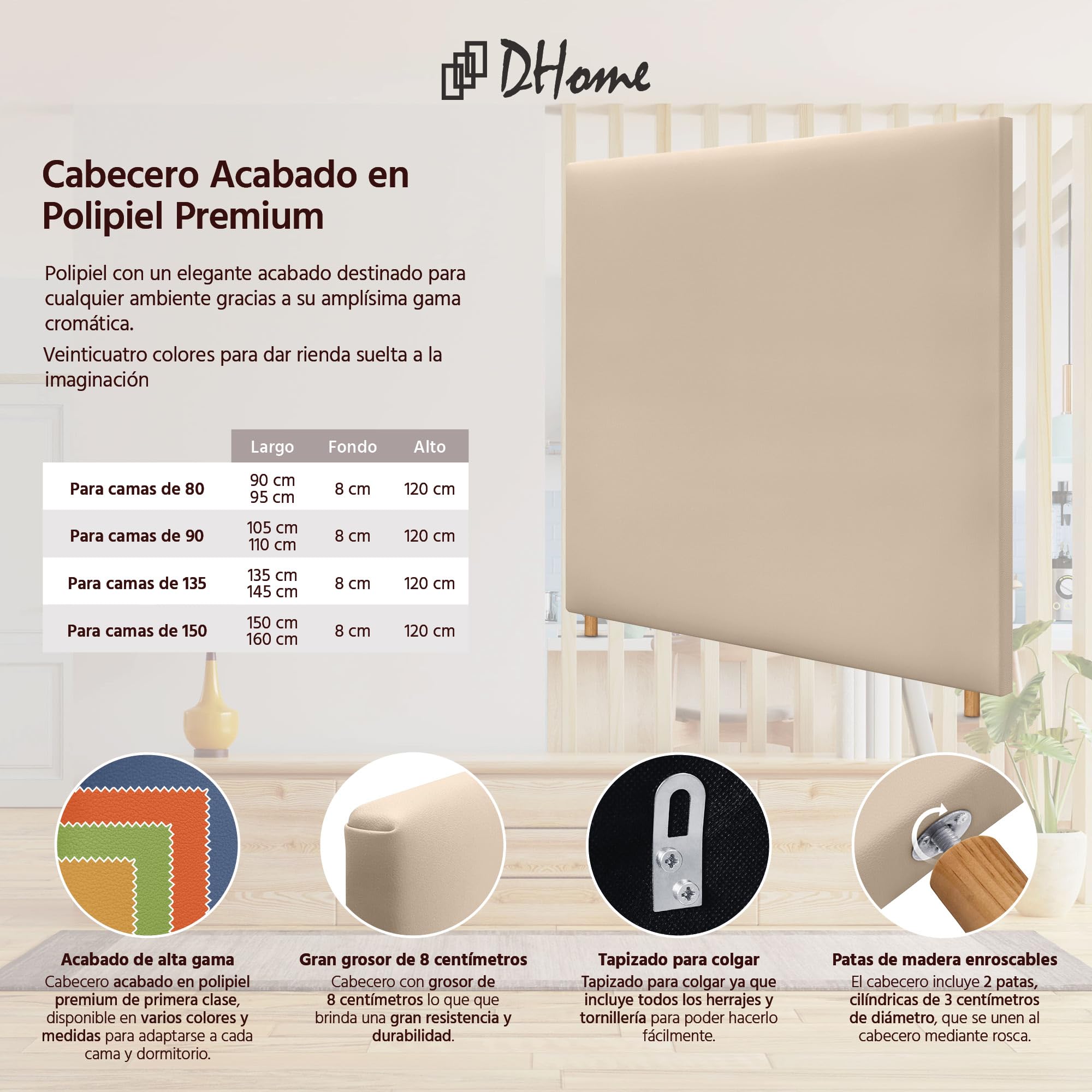 DHOME Cabecero de Polipiel o Tela Aqualine Liso hasta el Suelo cabeceros Cabezal tapizado Cama (160x120cm (150/160), Polipiel Beige)