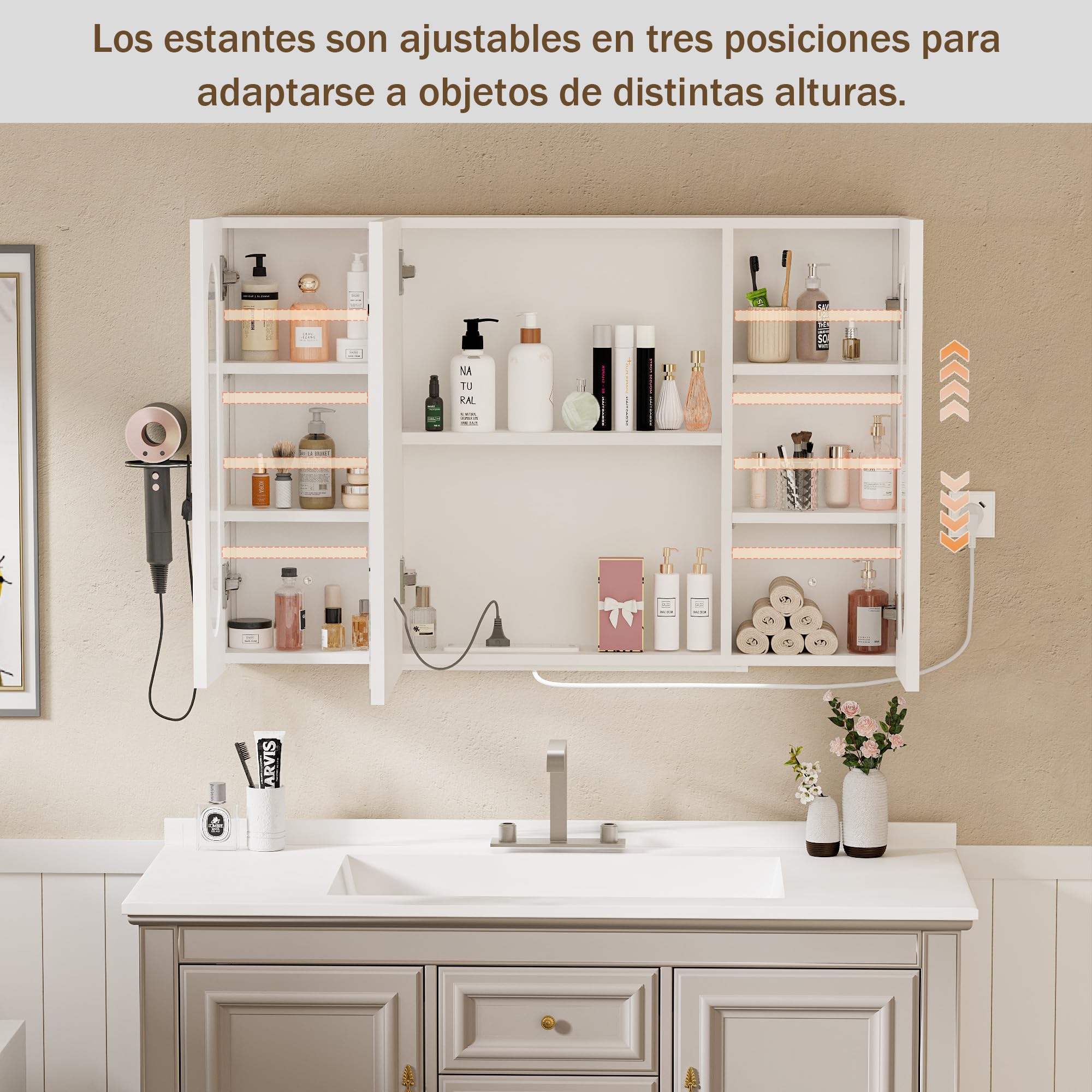 Armario Baño con Espejo LED iluminación y Función de desempañadora Armario Baño Espejo de Pared con Enchufe, 3 Compartimentos Grandes y Soporte para secador de Pelo, 100x65x16 cm