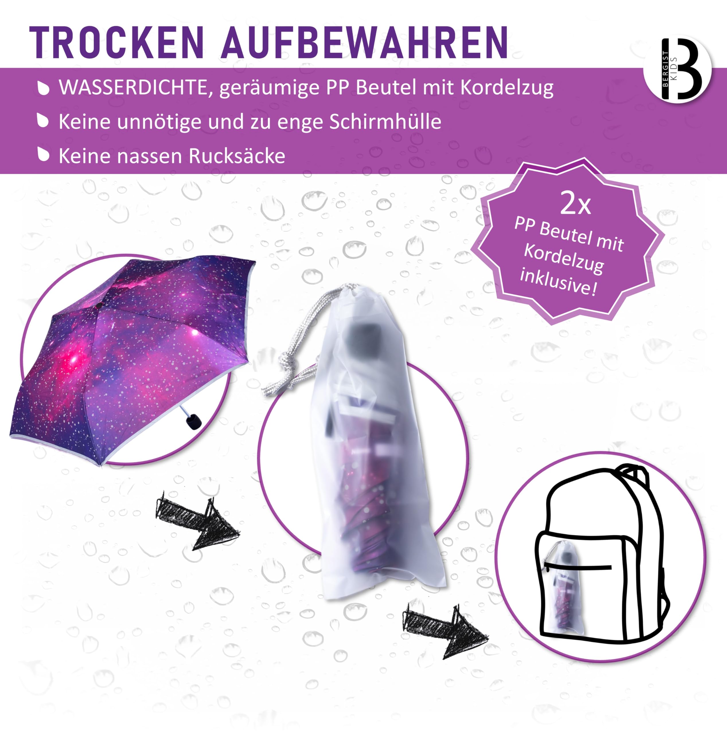 Regenschirm Kinder reflektierend - Schulranzen Kinderschirm ultraleicht - Schirm für Mädchen & Jungen - Galaxie