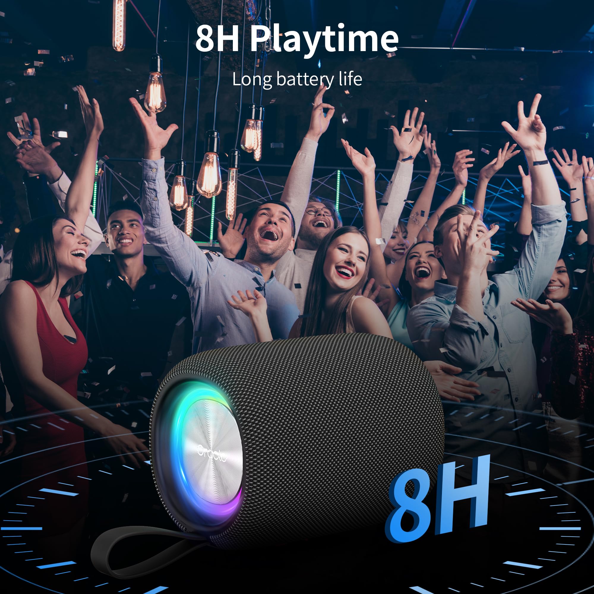 Oraolo Bluetooth Speaker,Portable Bluetooth Speaker with Immersive Sound, Dynamic LED Lights, Bluetooth 5.4, IPX6 Waterproof, 8H Playtime, TWS Pairing for Speakers for Outdoor Camping Home(Black) - 4