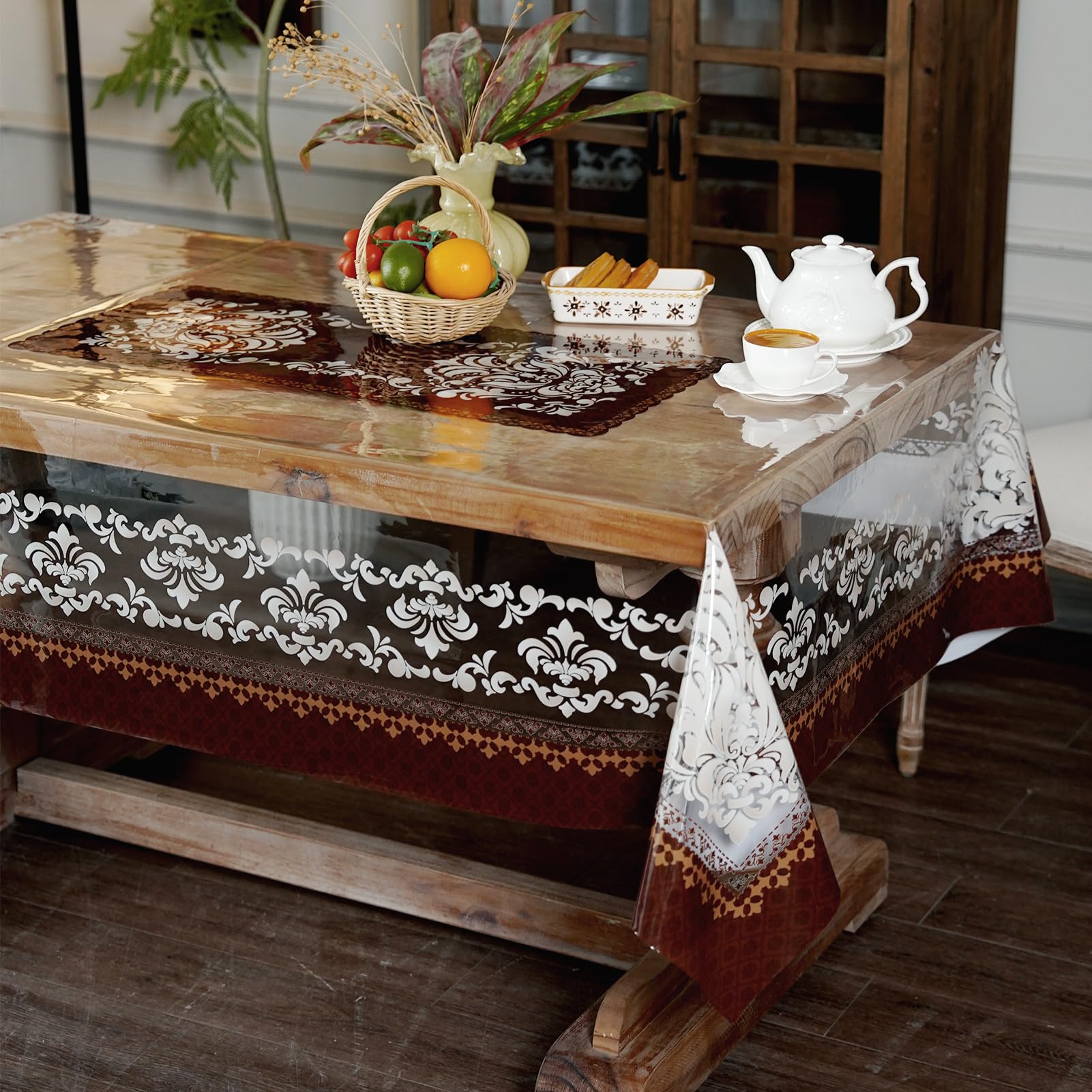 Photo 1 of Artbloss Clear Table Protector Cover Vinyl Rectangle PVC Tablecloth with Printed Crocheted Lace Waterproof Oil Proof Wipeable Plastic Tablecloths for Home Kitchen Dining Table (Lace, 55 x 120 Inches)