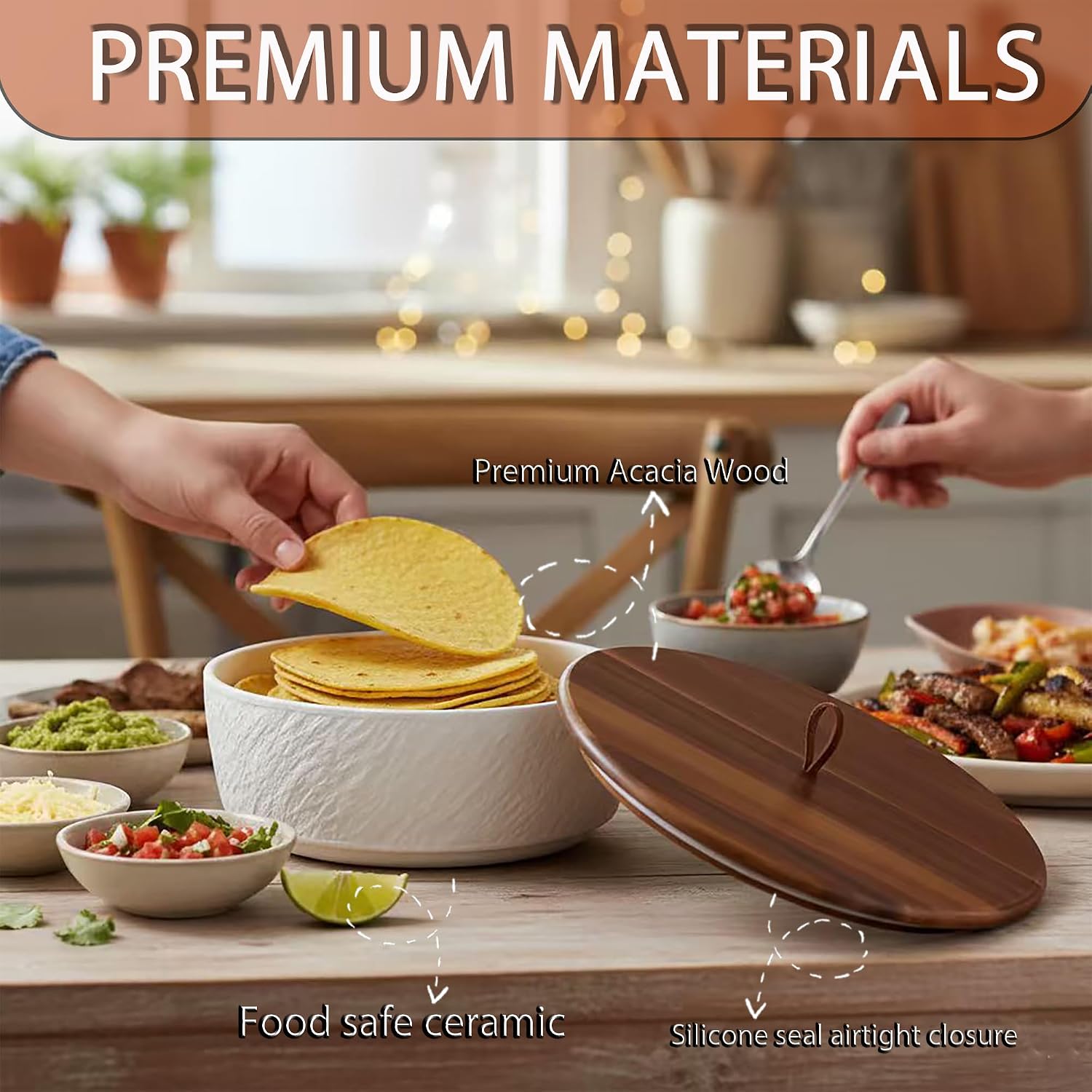 Ceramic Tortilla Warmer with Wooden Lid & Silicone Seal – 8 Inch Insulated Tortillero, Microwave & Oven Safe, Keeps Tortillas, Pancakes & Roti Warm and Soft for Mexican Dinners & Parties