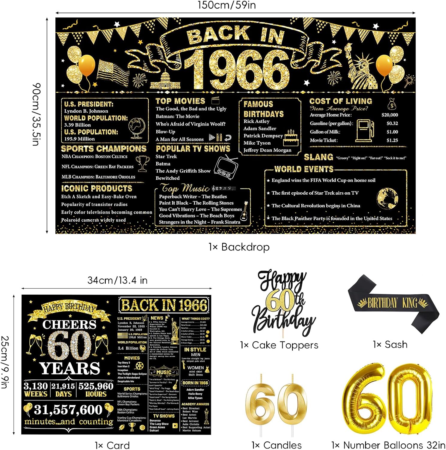 60th Birthday Decorations, Black Gold 60th Birthday Decorations for Men, Back in 1966 Birthday Party Supplies with Banner, Backdrop, Balloons, Sash, Cake Topper & Honeycomb Centerpieces image 3