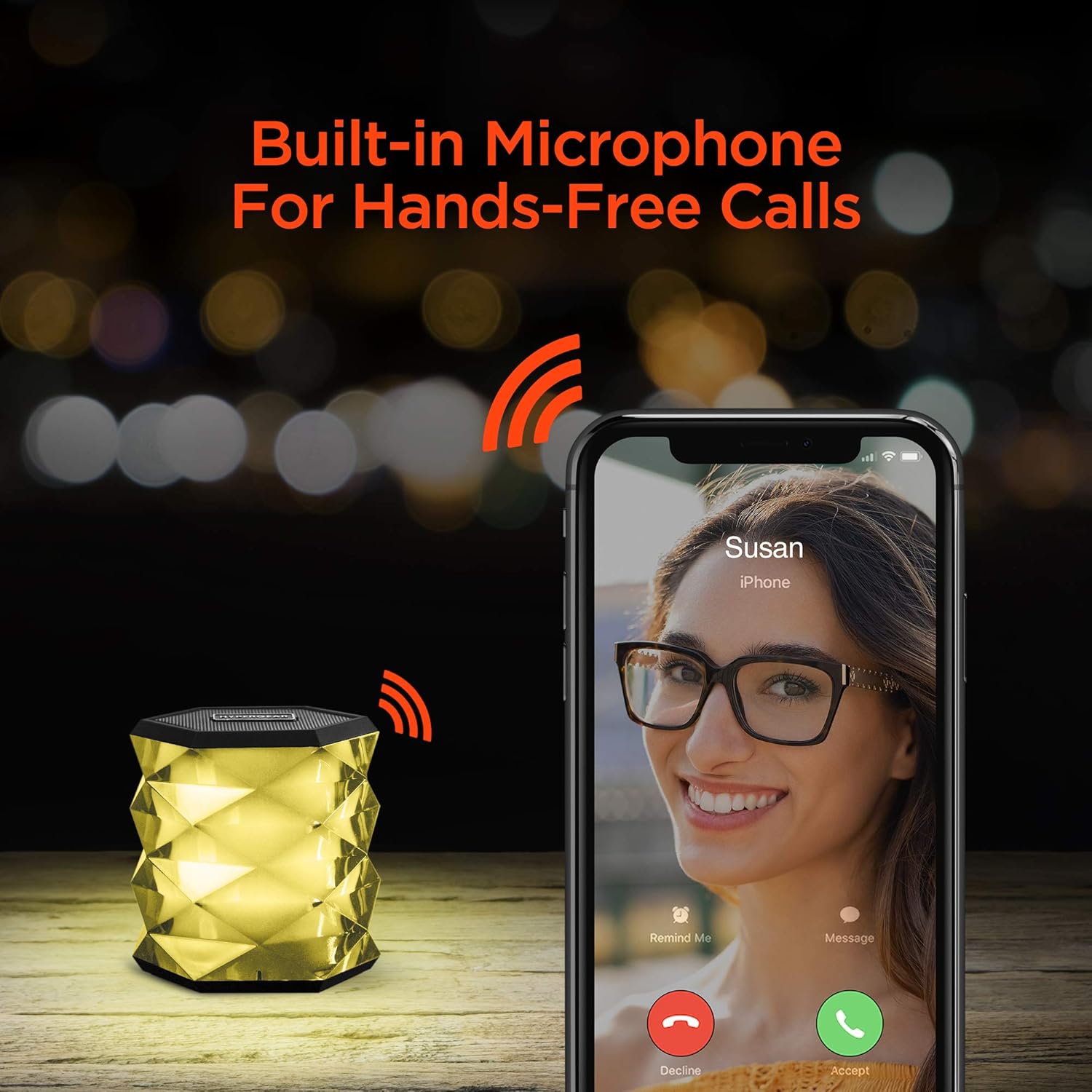 HyperGear LYTE Mini speaker glowing yellow next to a smartphone displaying an incoming call, illustrating the built-in microphone for hands-free calls.