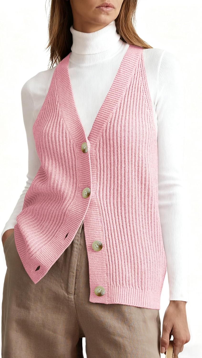 Womens Button-Front Sweater Vest Top V Neck Sleeveless Knit Tank Fitted Halter Raceback Cardigan Vest - Image 2