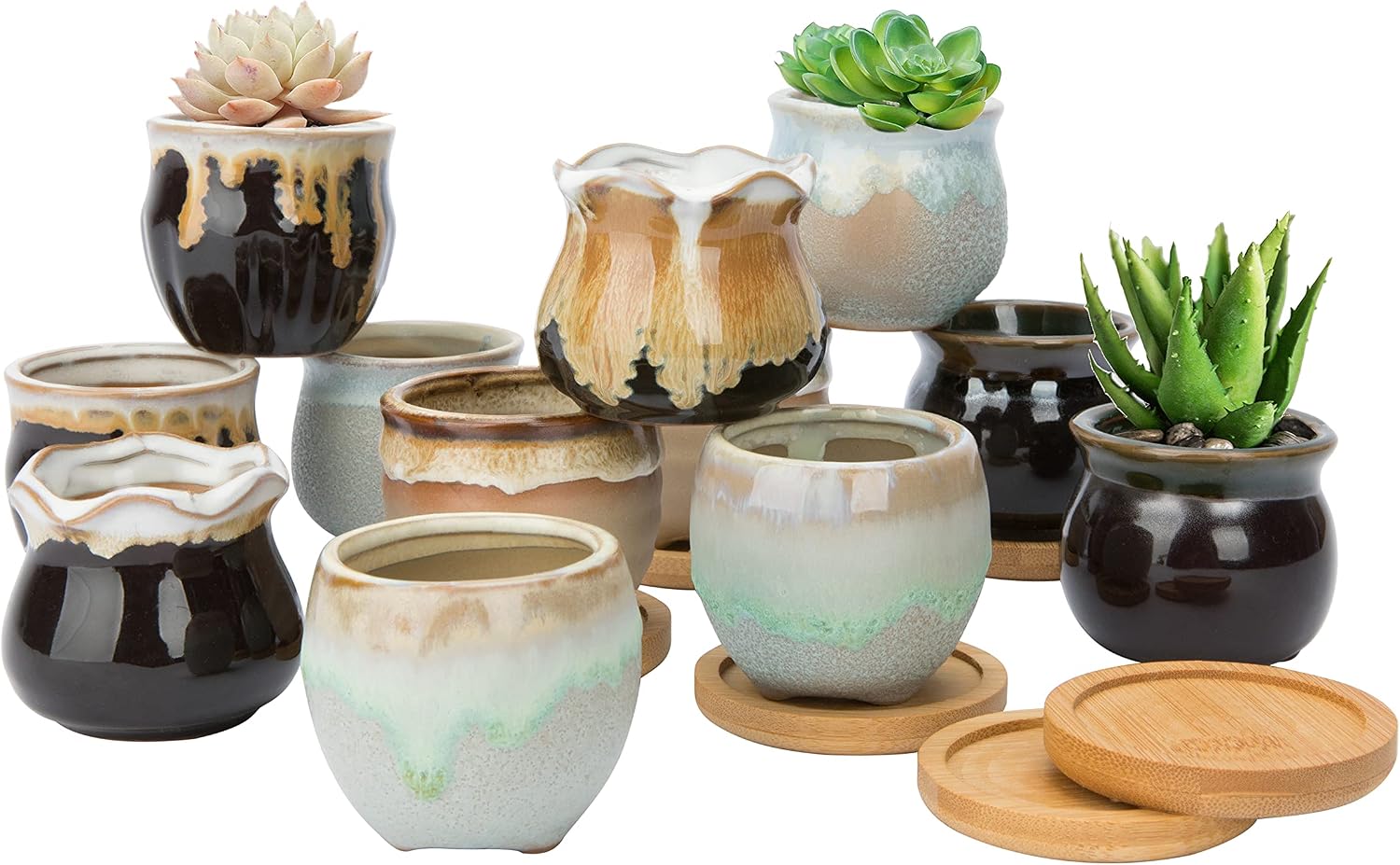 Warmplus Small Succulent Plant Pots - Mini Ceramic Cactus Planter Pots with Drainage, Flowing Glaze Base Serial Set with Holes, Home, Office Decor, Pack of 12 (Plants Not Included)