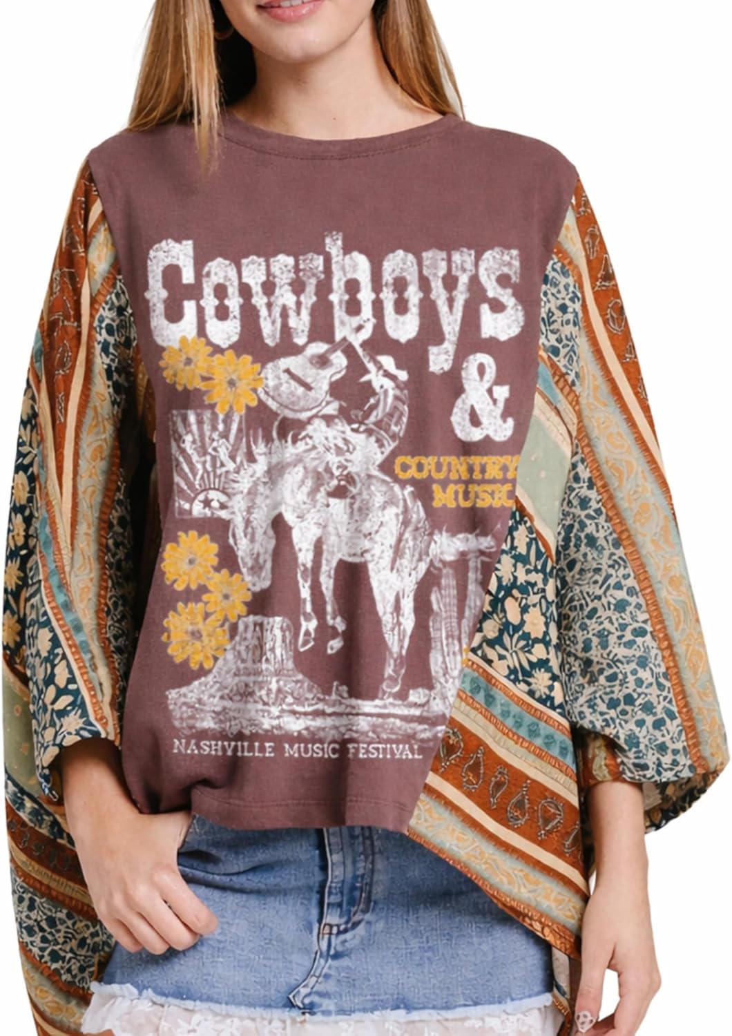 Women’s Western Graphic Top – Flowy Poncho Fit, Oversized Boho Tee with Contrast Sleeves