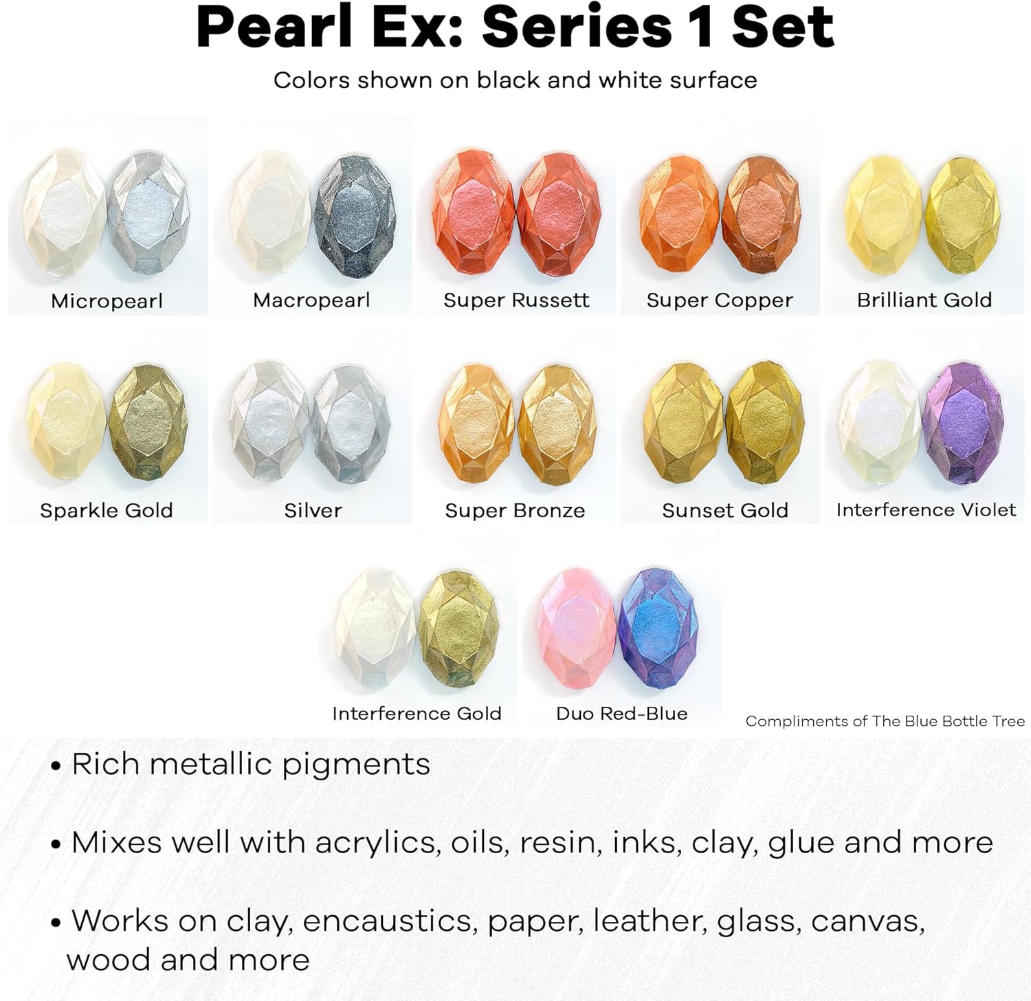 Jacquard Pearl Ex Pigment Series, 12 Color Set, 3 Gram Jars Powder for Epoxy Resin, Watercolors, Calligraphy Ink