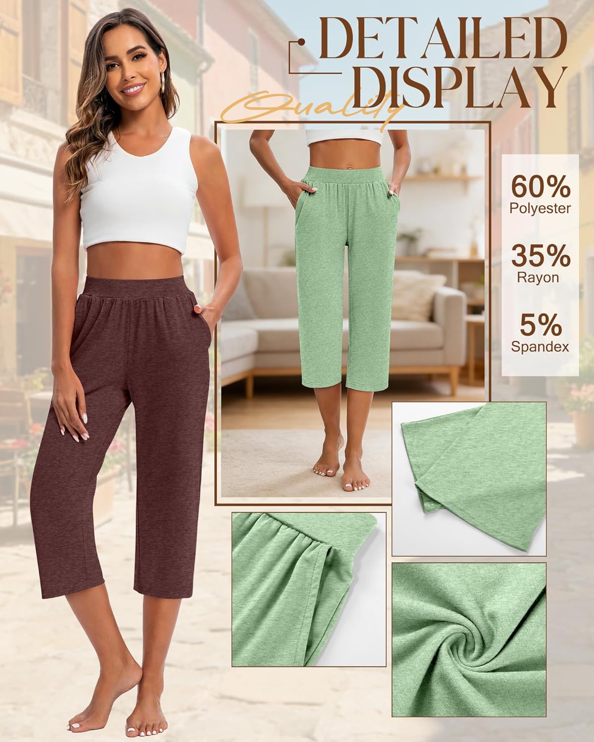 Huukeay 3 Pack Women's Capri Sweatpants, Cozy Wide Legs Cropped Capri with Pockets, Lounge Jogger Pants Workout Yoga Solid - Image 5