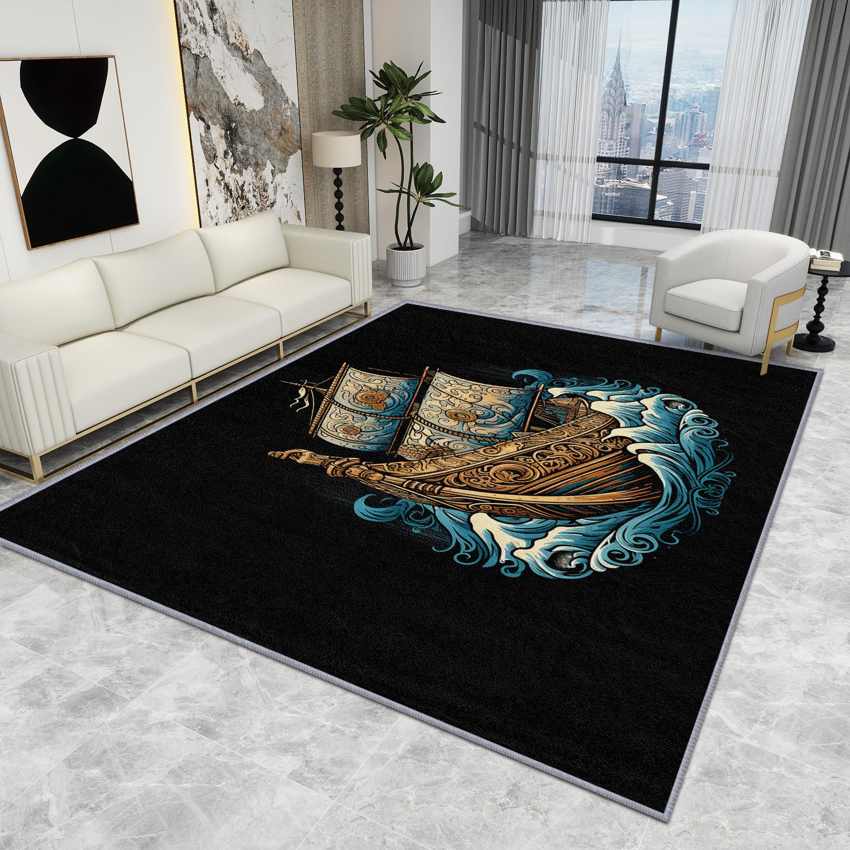 Small Viking Rug - Viking Rug - Nautical Medieval Sailboat Rugs, Mythical Norse Mythology Carpet, Washable Rug Non Slip Low Pile Soft Small Area Rugs, Viking Home Decor Gifts, 60 X 110 cm