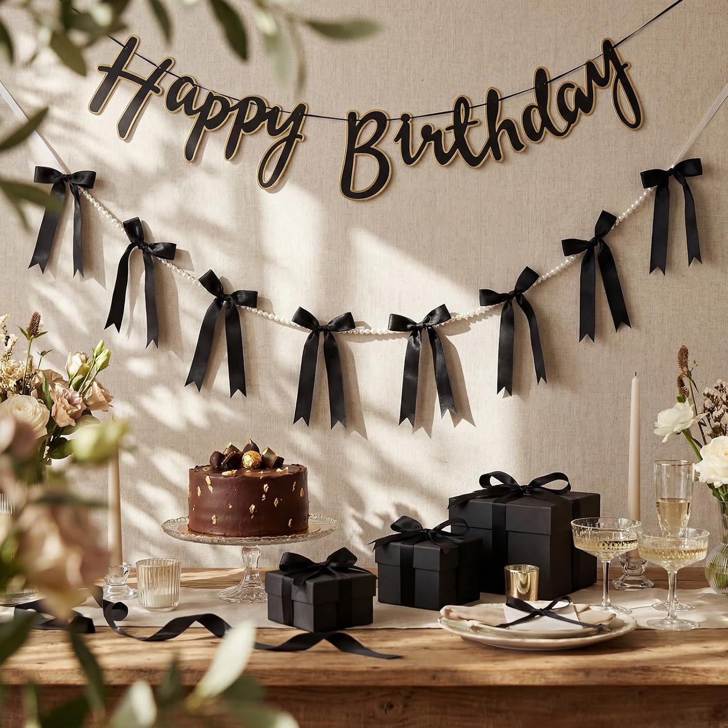 Riceshoot 2 Pack Black Bow Garland Banner with Pearl Chain, 6 ft Pre Strung Satin Ribbon Bow Decor for Coquette Birthday, Baby Shower, Bridal Shower, Bachelorette, Wedding, Engagement, Graduation
