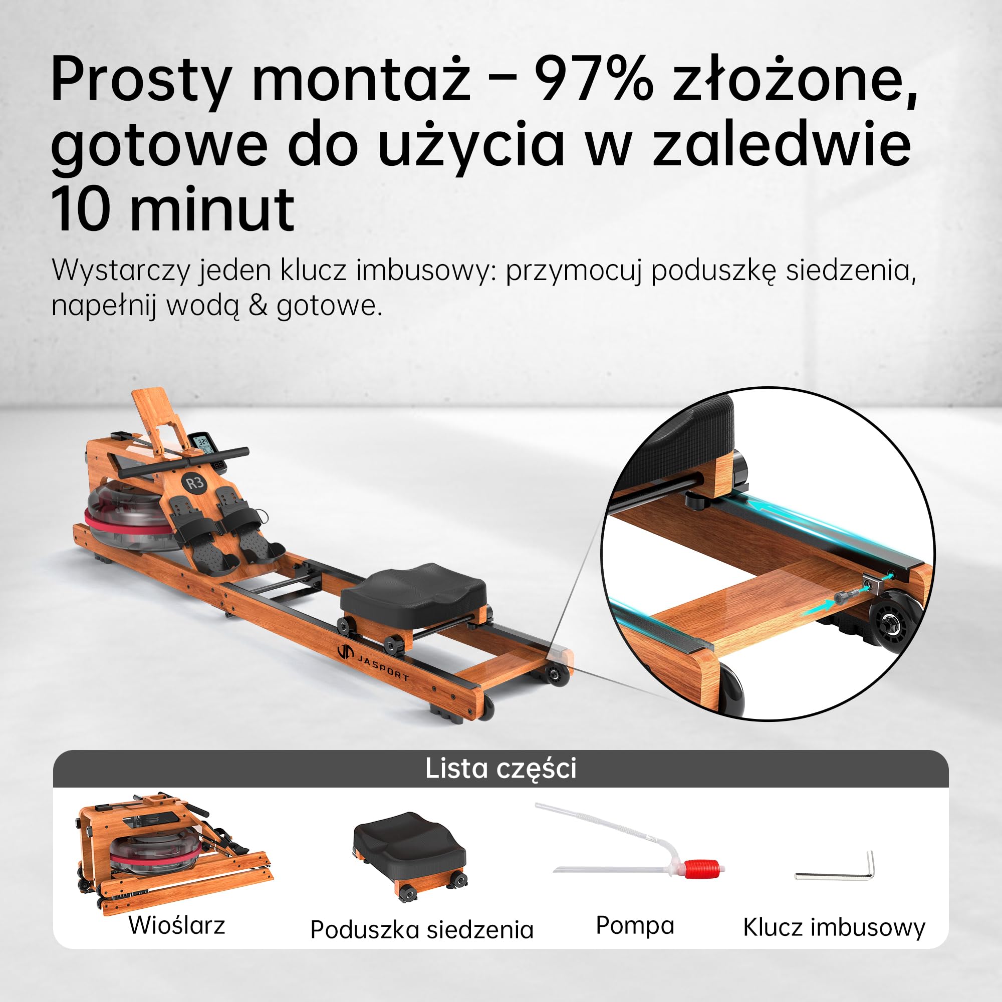 R3 składany wioślarz z drewna dębowego, LCD Bluetooth, kompatybilny z Kinomap, zbiornik 28 l, maks. obciążenie 150 kg, ergonomiczne siedzisko, regulowany uchwyt na tablet.