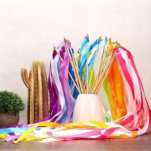 Miniatura 3 de Paquete de 30 varitas de cinta, palos de cinta de seda de colores mixtos con campanas, palitos de hadas, serpentinas de fiesta para bodas, fiestas,