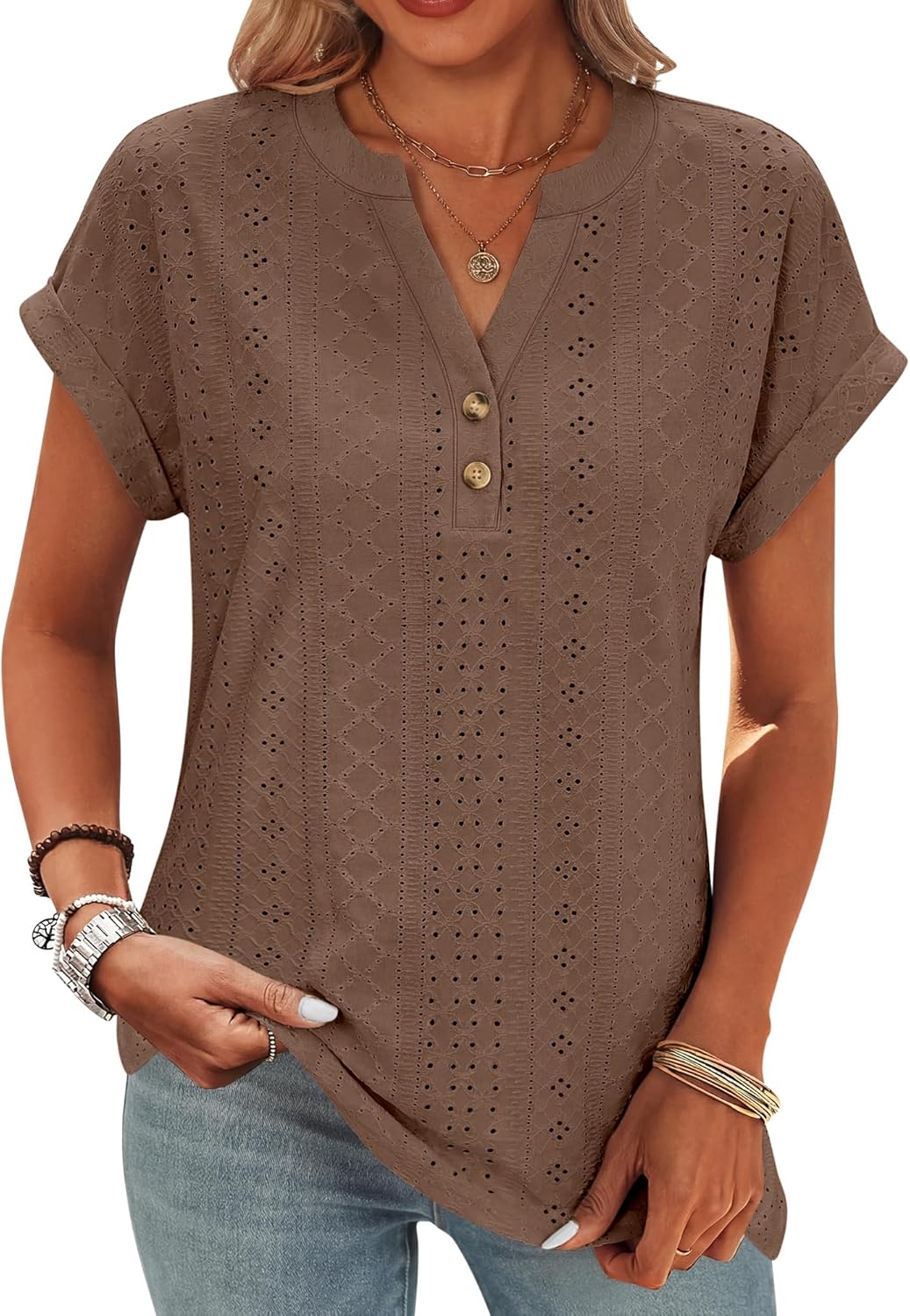 ANRABESS Women Tops Short Sleeve V Neck Eyelet Shirts Dressy Casual Blouses 2026 Summer Tee T-Shirts Vacation Outfits