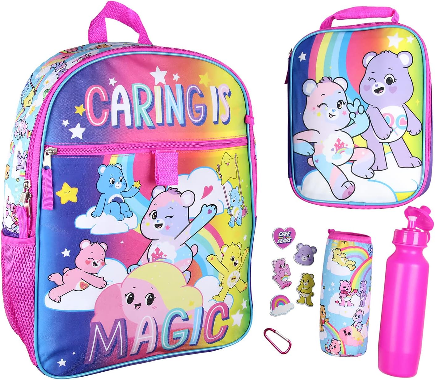 Bioworld Carebears Caring Is Magic 16" Backpack Lunch Tote Water Bottle Sticker Set 5 Pc Mega Set