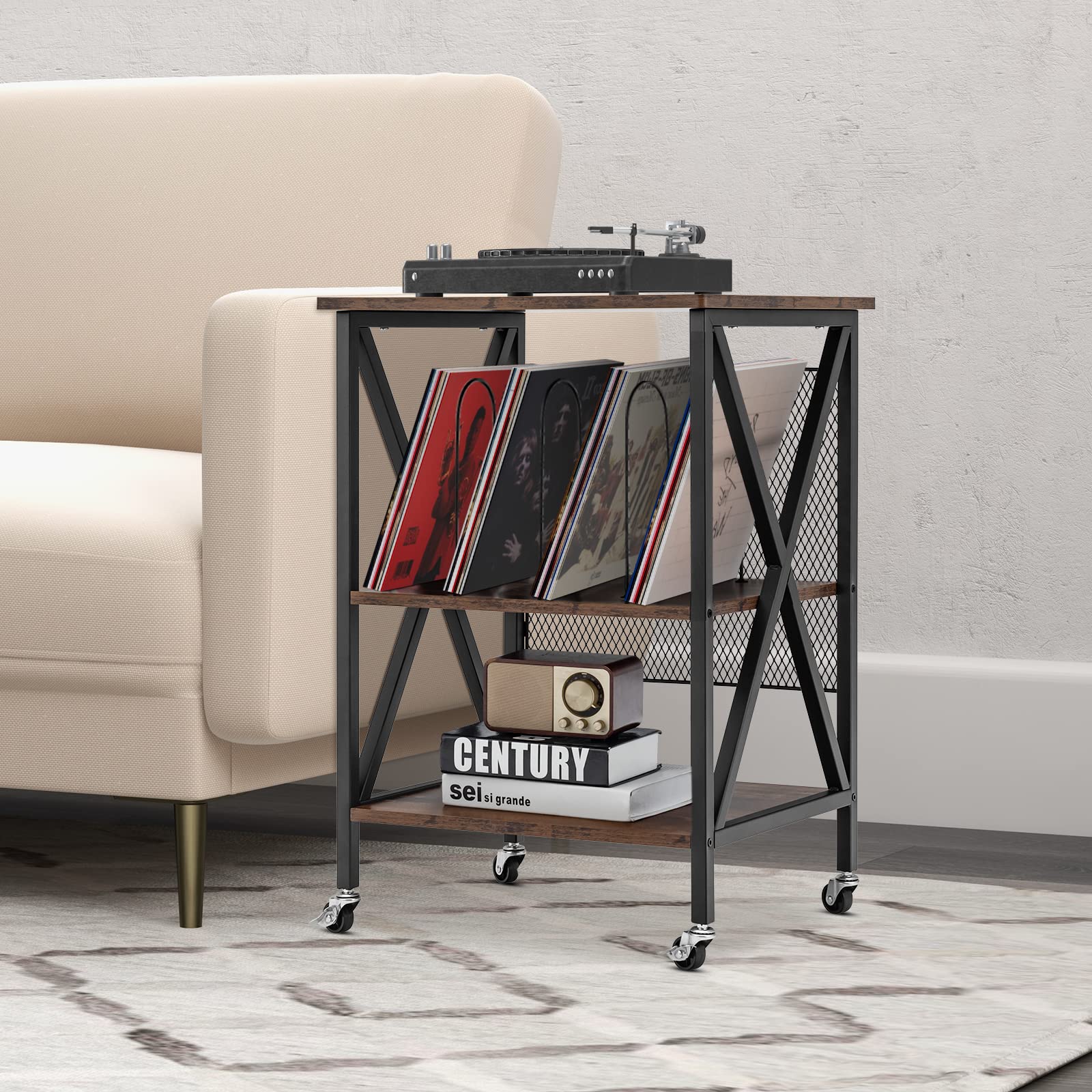 KOMFOTTEU Mueble para Tocadiscos con 4 Ruedas, Mesa para Tocadiscos de 3 Niveles con 3 Divisores, Soporte para Discos de Vinilo para 120 Álbumes, para Oficina, Salón (Marrón, sin Estación de Carga)