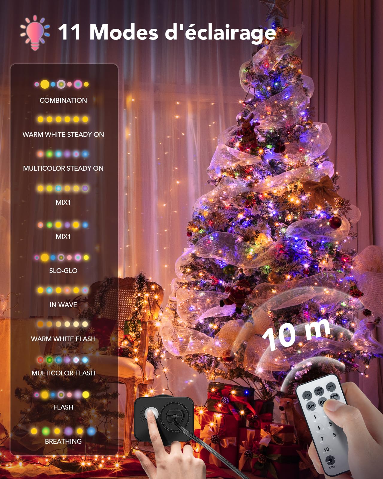 Guirlandes Lumineuses de Noël 50 m, 500 LED, Guirlande Lumineuse avec 11 Modes, IP44, Décoration pour Noël, Fête, Mariage, Patio, Jardin, Festival (Blanc Chaud et RVB)