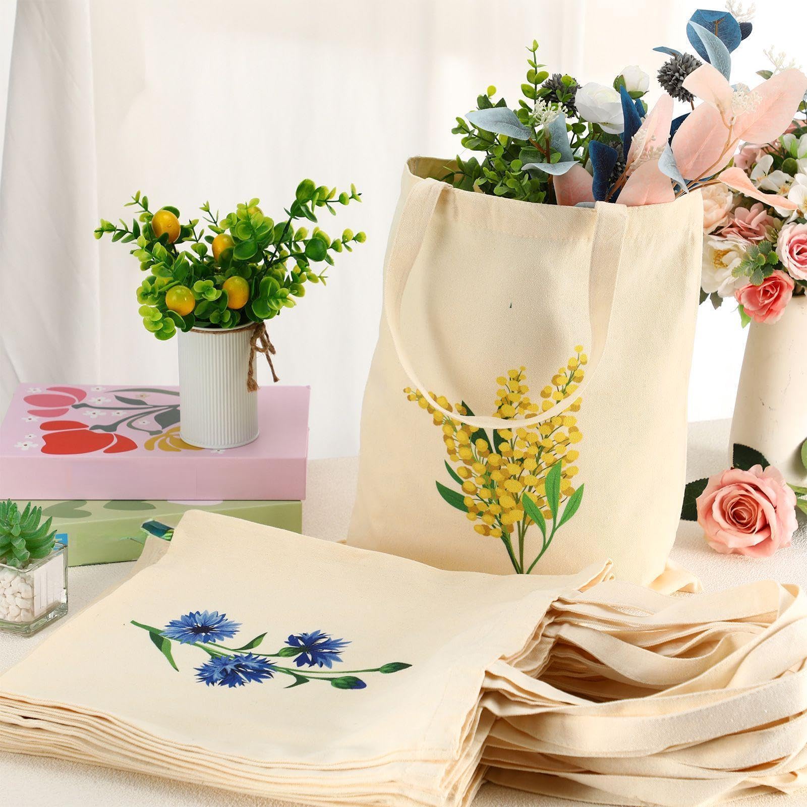 Shinylin 12 Pcs Floral Canvas Tote Bags Bulk Reusable Flower Tote Bags Book Club Gift Totes for Birthday Teacher Mother Women Gift (12 Classic Flowers)
