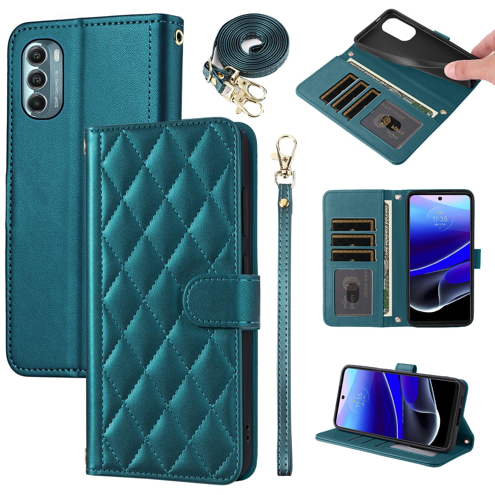 Furiet Argyle Wallet Case for Moto G Stylus 2022 4G with Wrist Strap Shoulder Strap, Card Slots Folio Purse, Luxury PU Leather Stand Accessories Phone