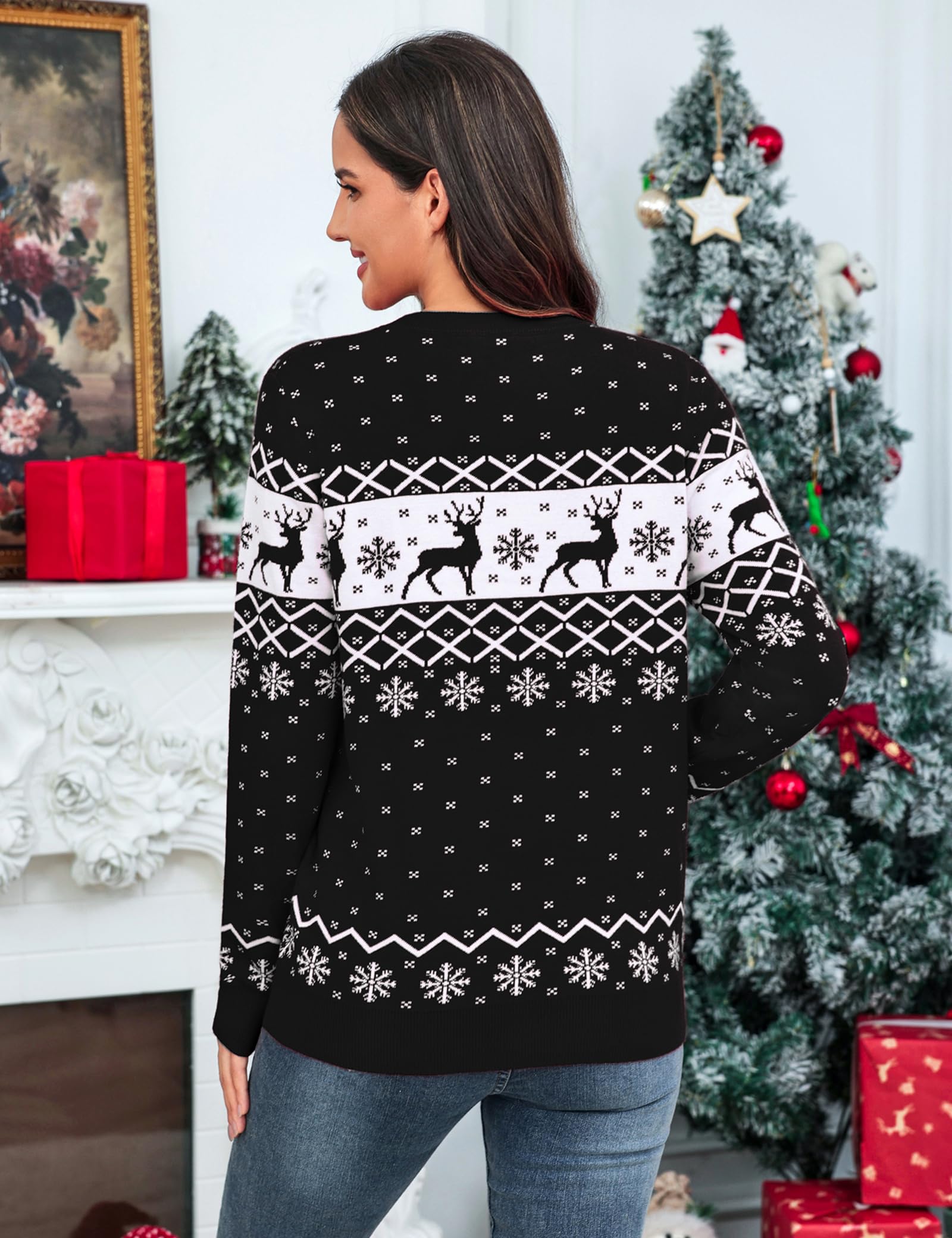 Aottori Jersey Navidad Mujer Manga Larga Cuello Redondo Reno y Nieve Cálido | Estilo Elegante, para Invierno, Diseño Pullover, Sensación Cálida, Ideal para Capas, Diseño Versátil