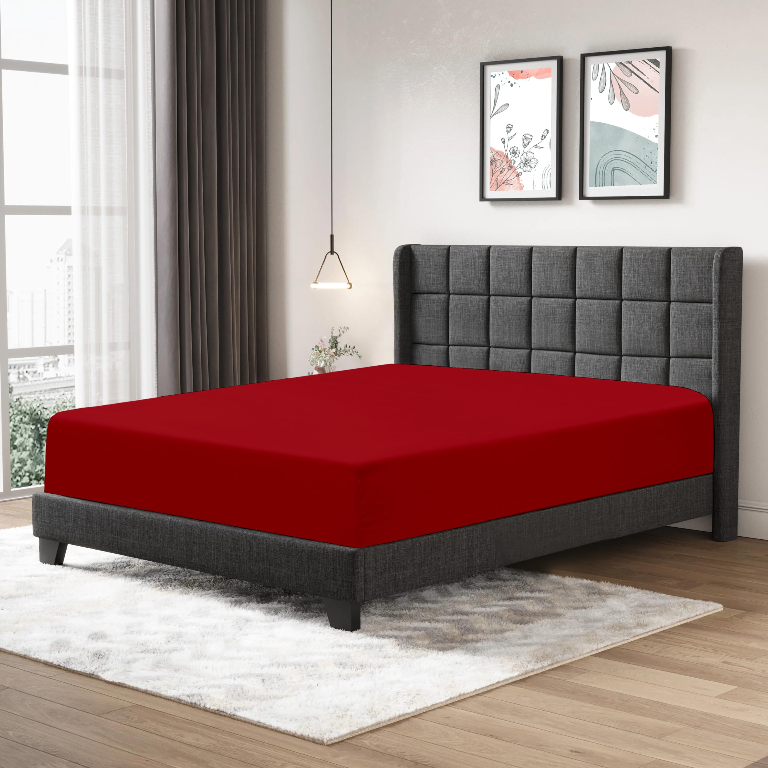 Fitted Sheet 25cm Deep Mattress Pocket 100% Egyptian Cotton 200 Thread Count Soft & Fade Resistant Bottom Fitted Bed Sheet (Red, Single)