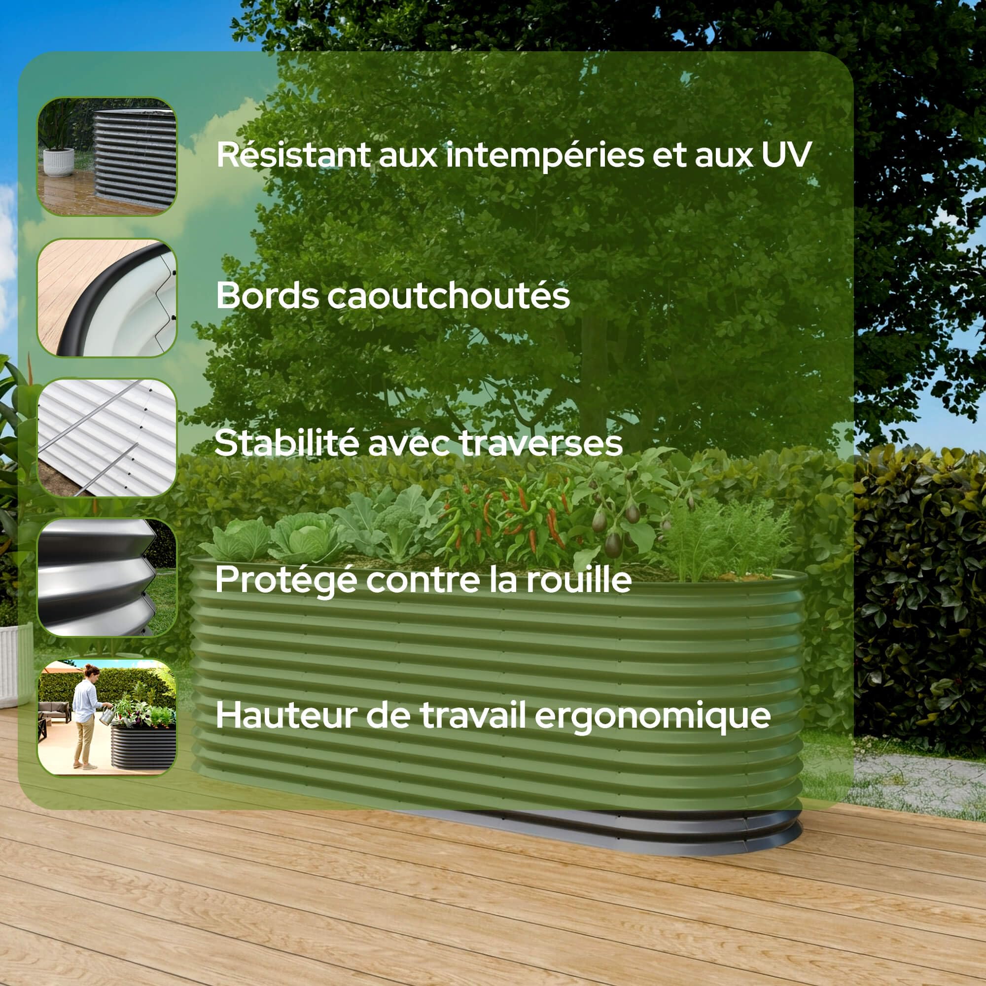 AREBOS Jardinière Surélevée Ovale 240×80×78 cm | Acier Galvanisé avec Bord en Caoutchouc 1170 L | pour Jardin, Terrasse et Balcon | Stable avec Traverses