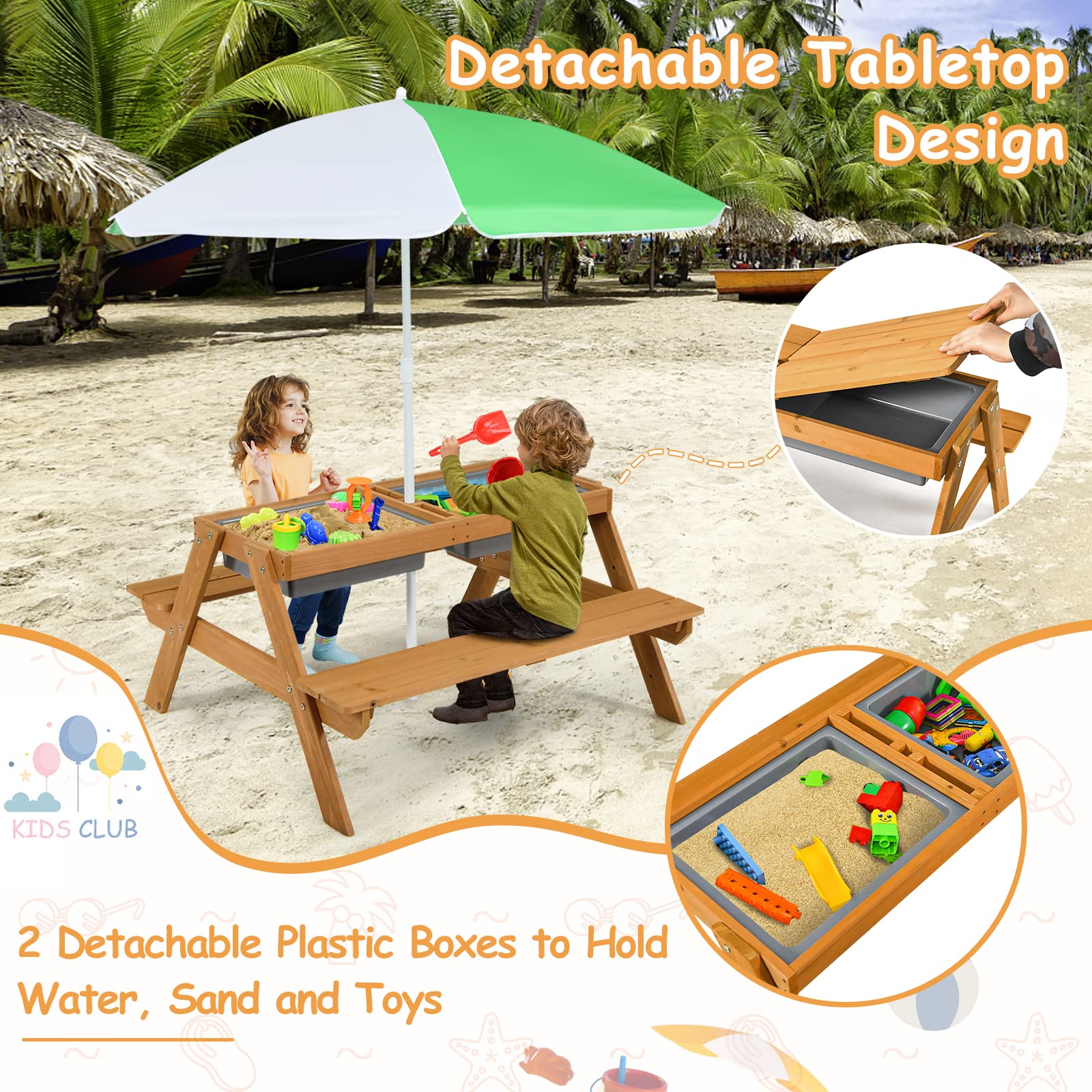 GYMAX Set Tavolo da Picnic 3 in 1 per Bambini, con Ombrello Rimovibile e Pieghevole e 2 Scatole, Set di Tavolo e Panca in Legno per Esterno Giardino Patio (Bianco+Verde)