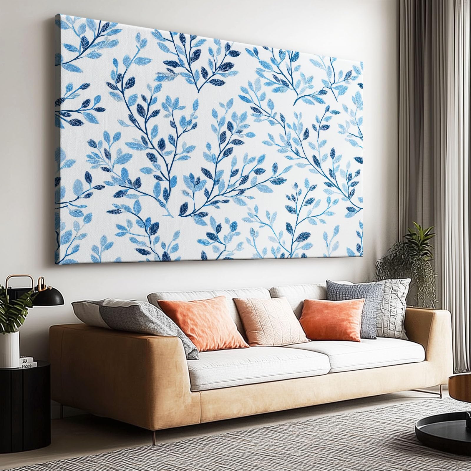 Generisch Aquarell Pflanzen Blau Zweige Blätter Modernes Leinwandbild 140L x 70B cm mit Rahmen, Skandinavisch XXL Wanddeko für Wohnzimmer Geschenk Idee Einzug - Hochwertiger Kunstdruck auf Holzrahmen