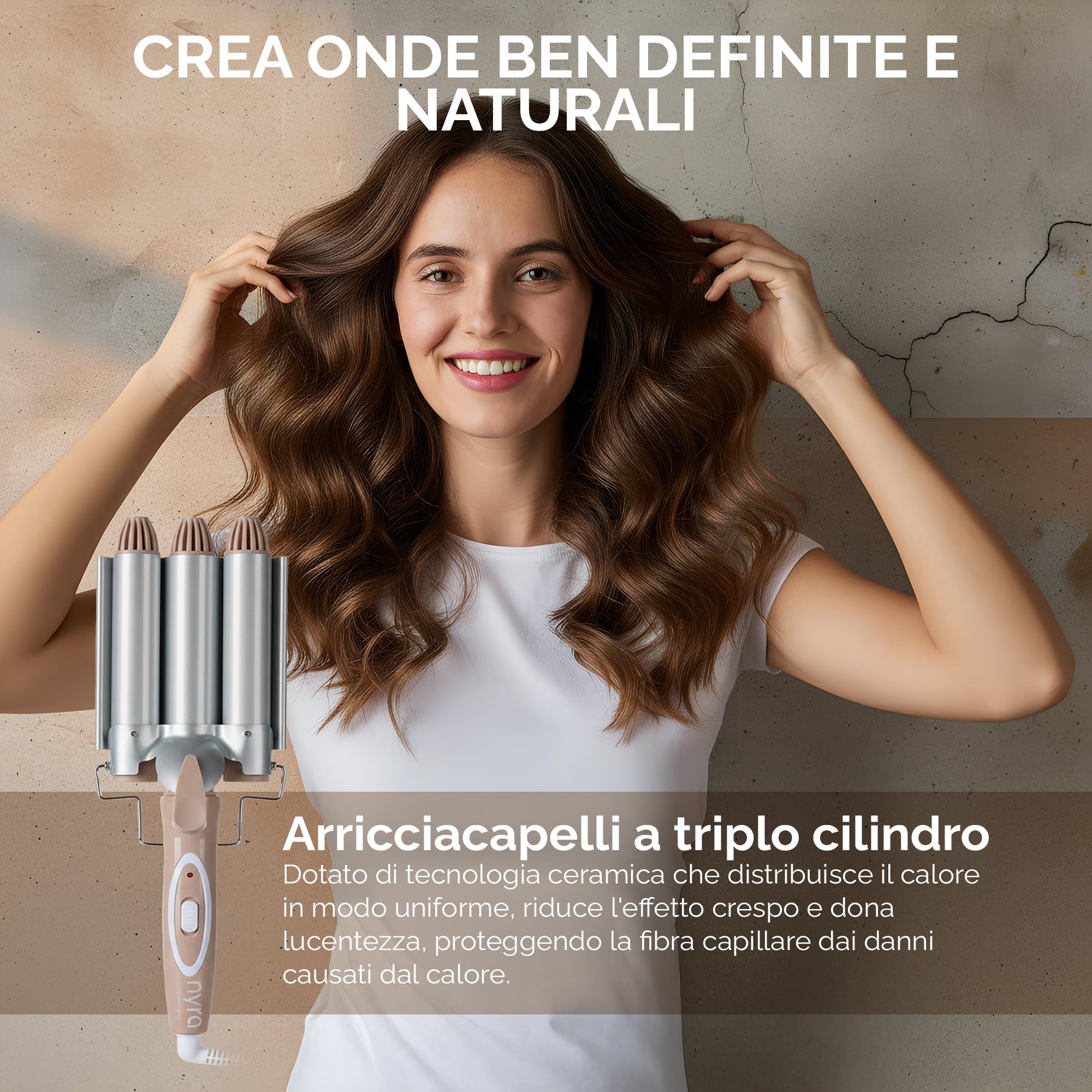 Nyra - Ondulatore per capelli a 3 tubi | Ferro arricciacapelli professionale a onde grandi | 2 temperature (170°C e 220°C) | 95W | Tensione 220-240V | Cavo girevole 1,5 m | Classe elettrica II