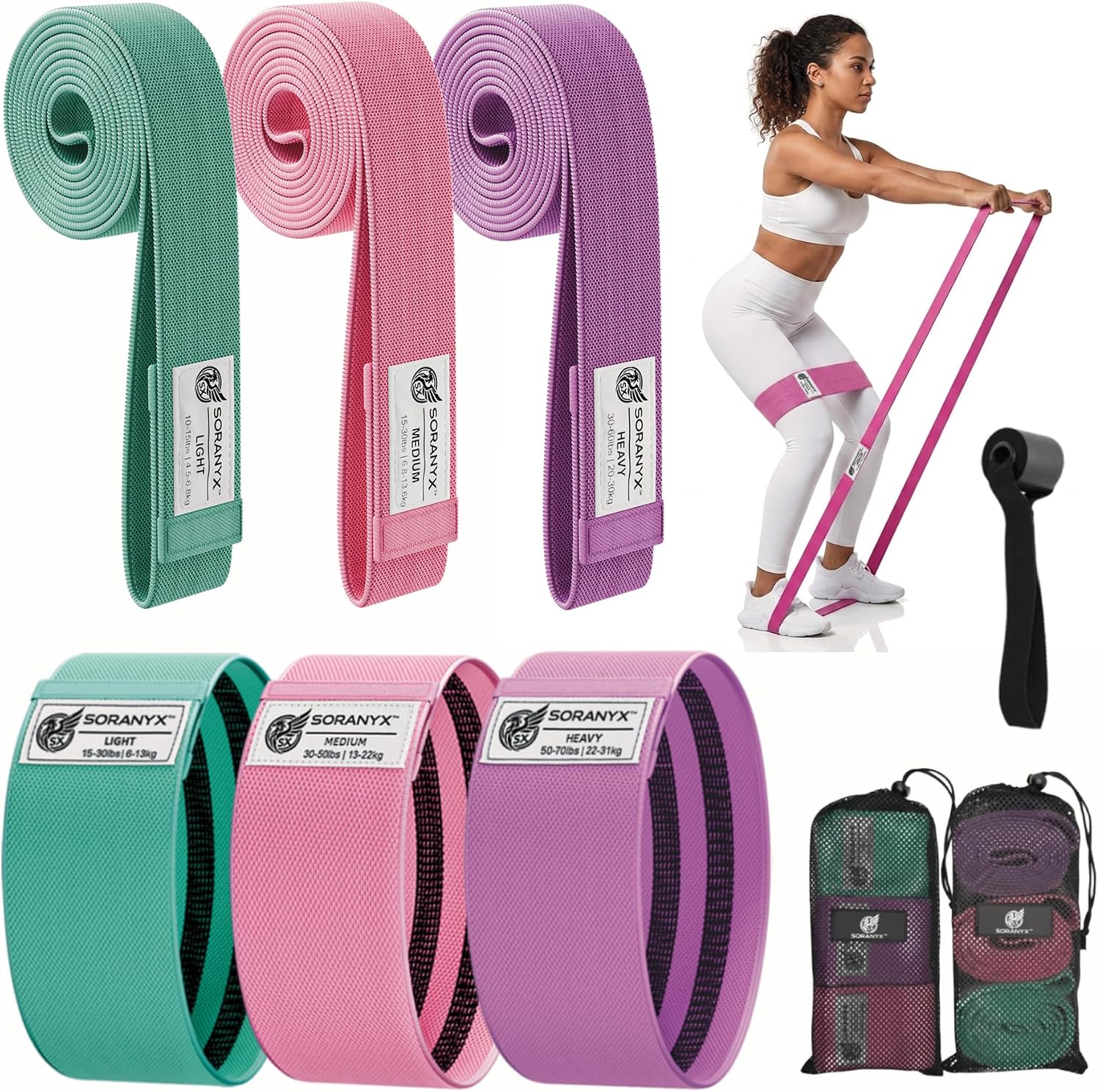 Resistance Bands Set for Men & Women, Fabric Hip Bands & Long Resistance Workout Bands with Door Anchor, Non-Slip Home Gym Equipment for Glutes, Legs, Strength Training & Full Body Workouts