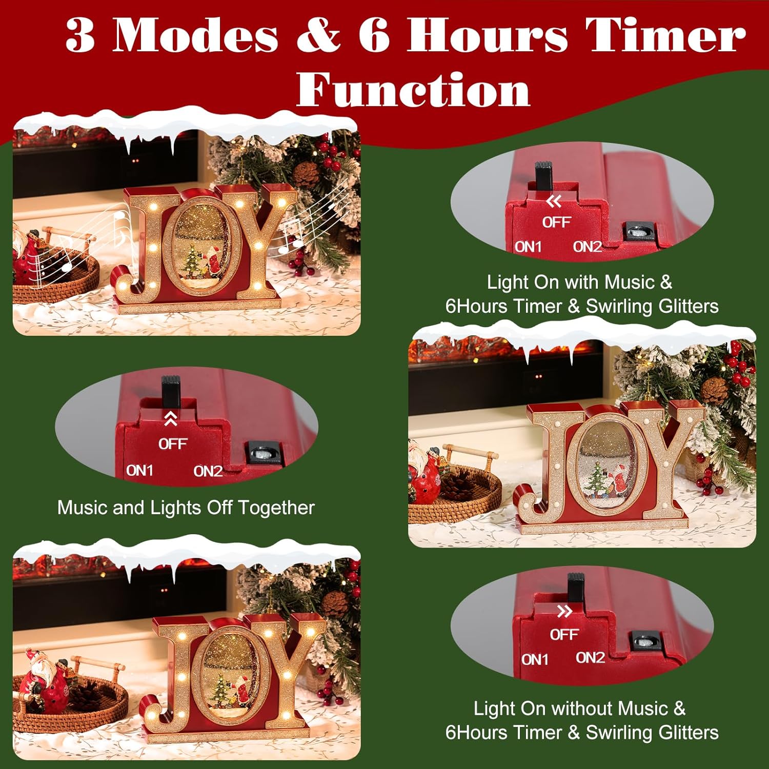 Christmas Snow Globes with Music and Light, Joy Crystal Ball with 8 Different Christmas-Themed Songs, 6 Hours Timer Function Snow Globe Powered by USB & Battery for Dining Table, Fireplace