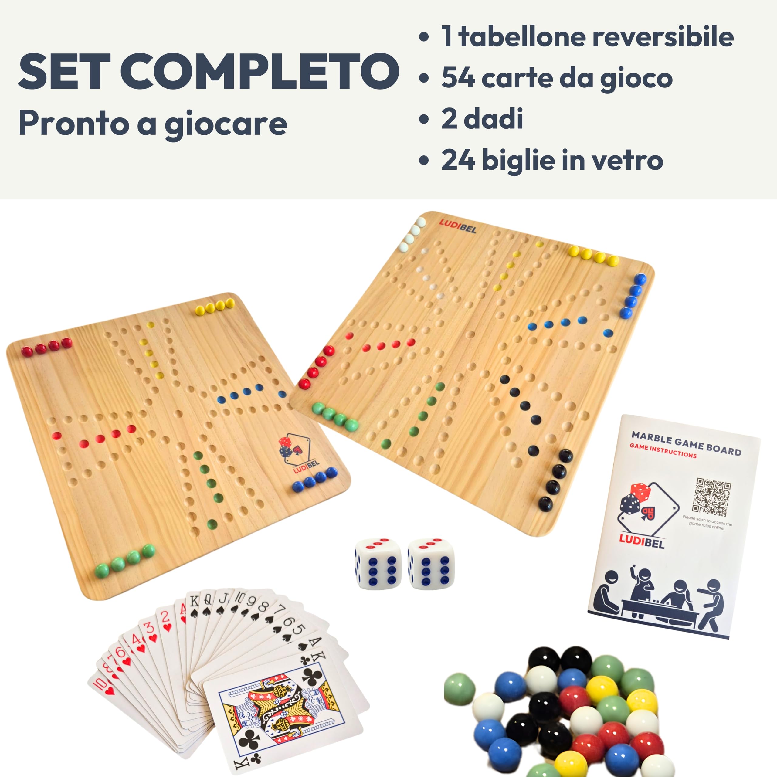 Gioco di Ludo XL 4–6 Giocatori – Tabellone Reversibile 40x40 cm in Legno Massello – Compatibile con Tock e Jackaroo – Con Carte o Dadi – Include Biglie in Vetro