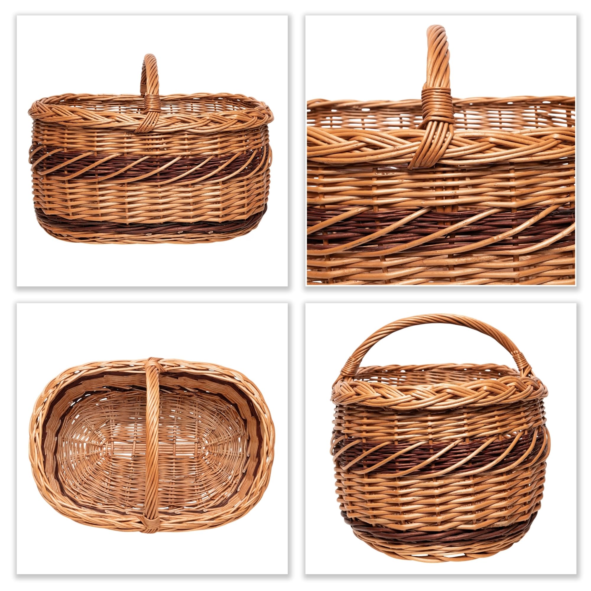 Creative Home Cesta de Mimbre Grande con Asa y Trenza | 52x35x36 cm (+/- 1 cm) Ligera | para Compra Regalo Picnic Plantas Decoración | Tejida a Mano | Marrón Natural | Multiuso, Práctica y Duradera