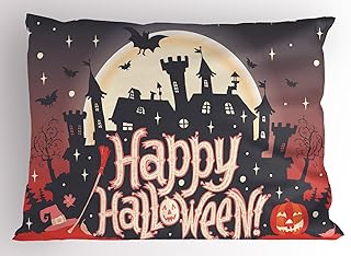 Lunarable Halloween Pillow Sham, Medieval Gothic Castle with Happy Halloween Typography Stars Bats Moon Cheerful, Decorative Standard Size Printed Pillowcase, 26