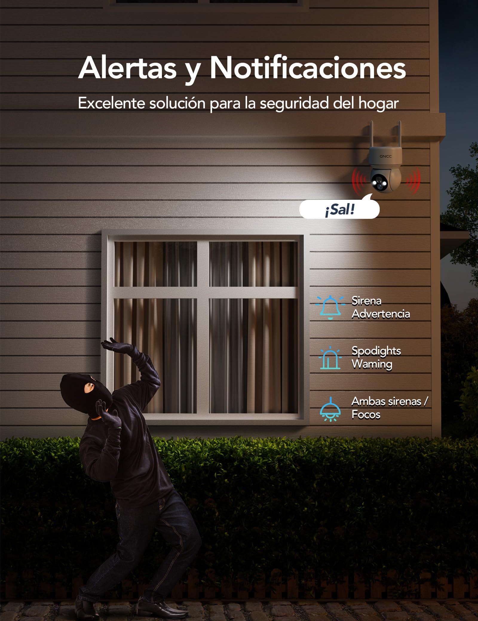 GNCC Camara Vigilancia WiFi Exterior Solar con Bateria Sin Cables, 1080p/2MP Camara Vigilancia Exterior Solar Visión Nocturna Color, PTZ 360°, Humana Detección de IA, PIR Sirena, Audio Bidireccional
