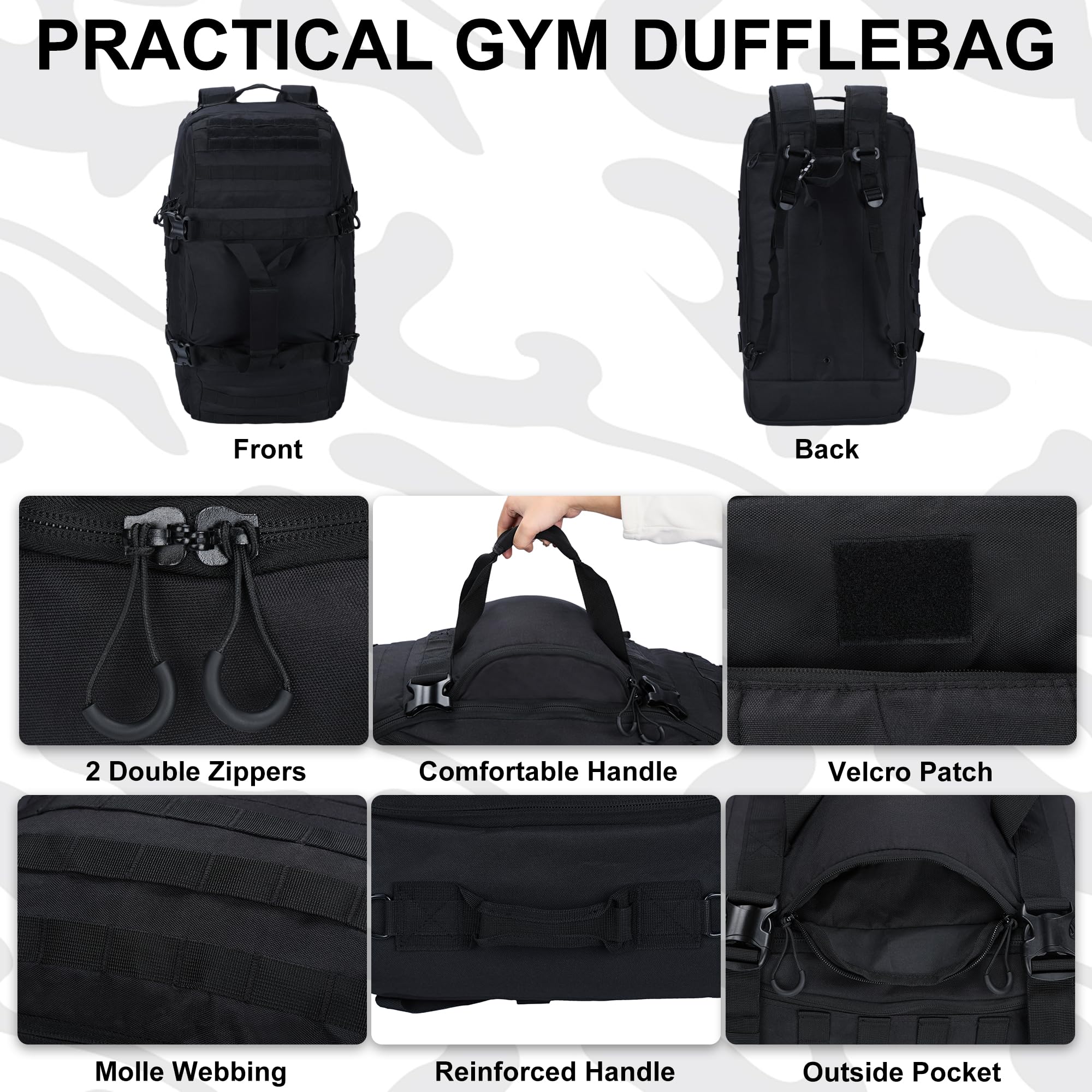 Zaino tattico 3 in 1 da palestra, borsa sportiva da viaggio per la notte, nero, 80L, Borsone | Funziona come borsa da gamma o zaino da moto, ideale per palestra, viaggi, campeggio, caccia e organizzazione degli attrezzi