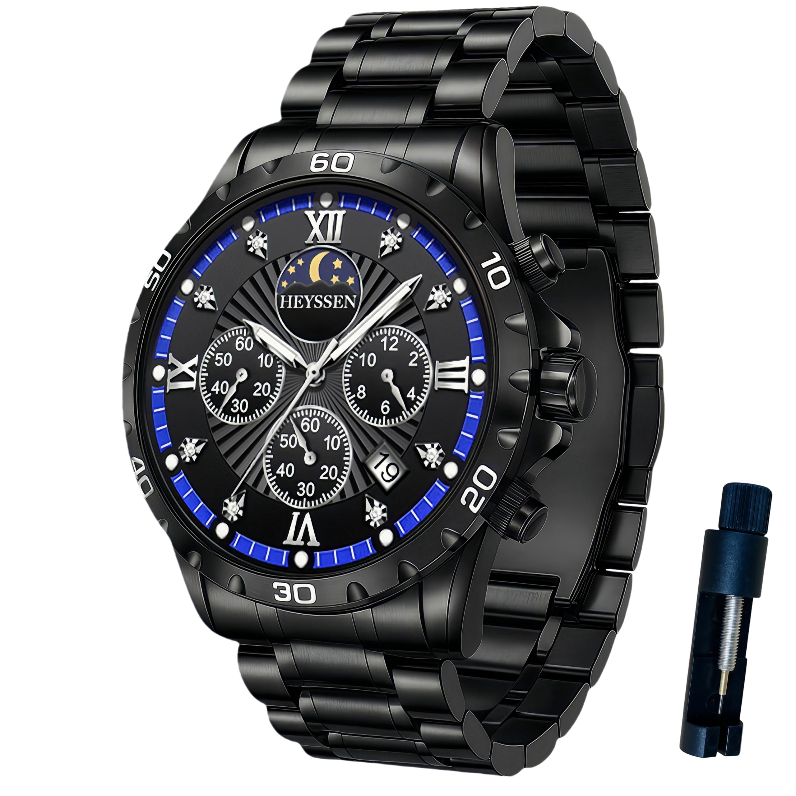 Watches for Men Stainless Steel: Dress Watch for Mens Quartz Analog Wrist Luxury Black Metal Tone Blue Dial Big Classic Diver Waterproof Chronograph Black Face Business Man Gift