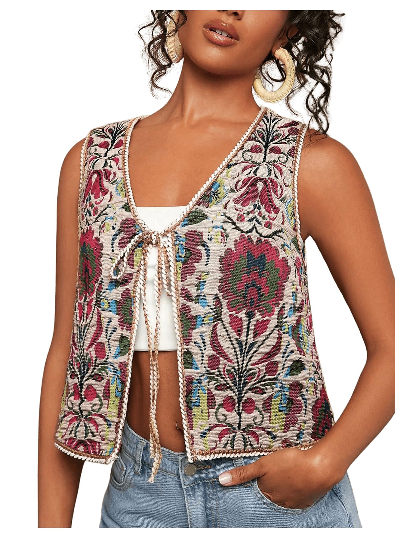 Verdusa Women's Boho Floral Vest Tie Front V Neck Sleeveless Festival Western Outwear Jacket