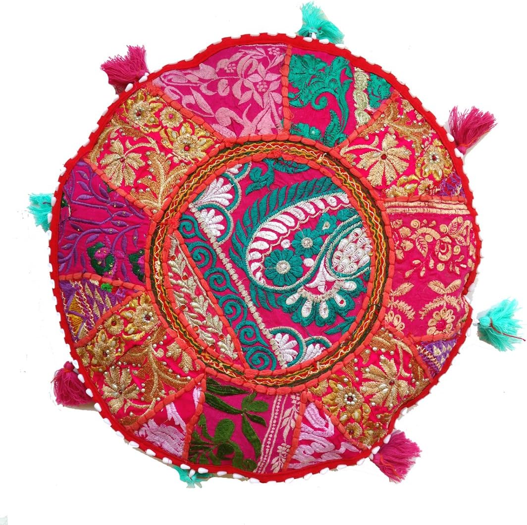 Rastogi Handicrafts Cotton - Old Sari Patch Work Pillow Cover - Indian Pouf Organic Decor Cushion Cover Round Circle 17" (Brown)