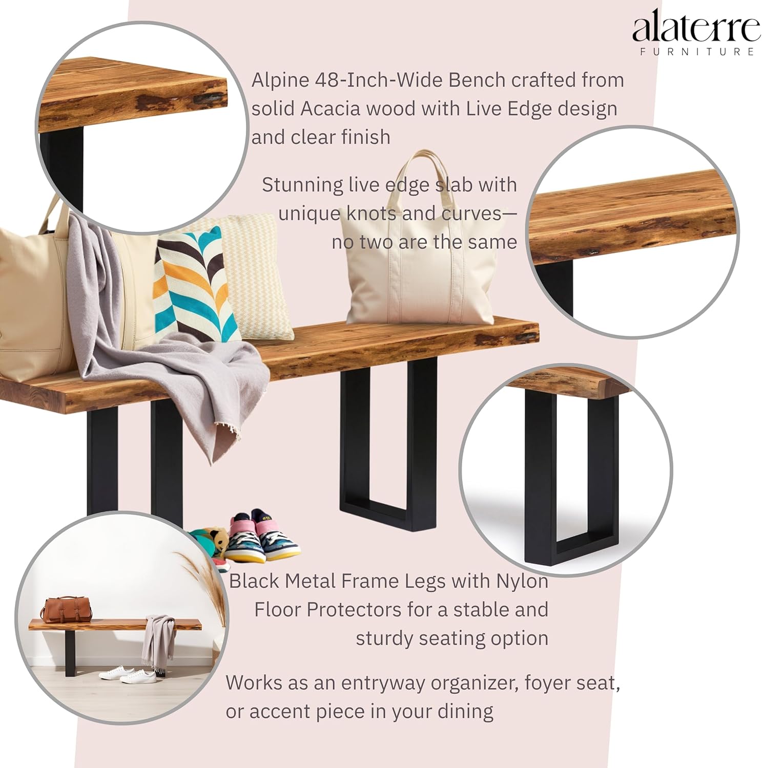 Alpine 48-Inch Live Edge Acacia Wood Bench with Black Metal Base – Rustic Industrial Entryway or Accent Seating for Living Room, Hallway, or Foyer by Alaterre Furniture 48 Inch image 4 of 10 B07CH6DW11