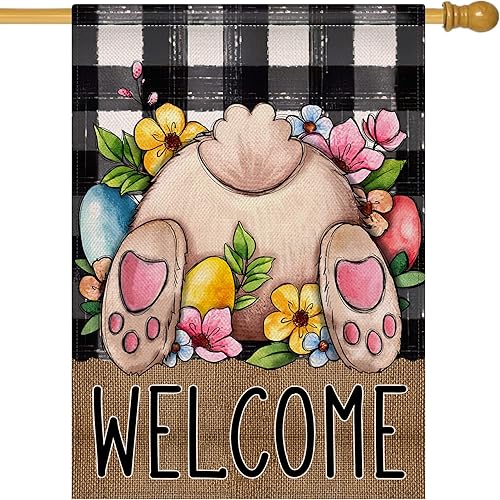 Miniatura 1 de Artofy Bandera decorativa grande de conejo de Pascua con diseño de conejo, diseño de flores de huevo, búfalo a cuadros, decoración exterior de