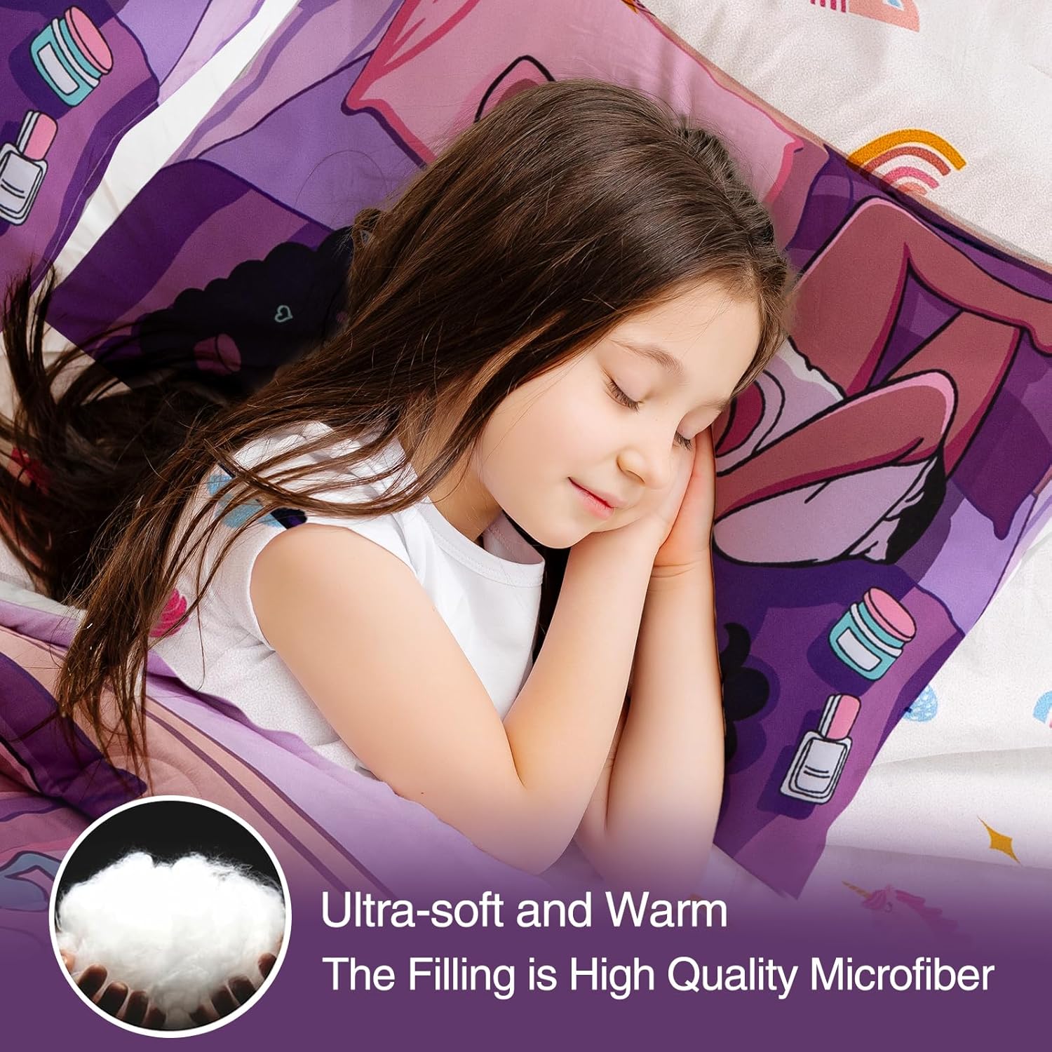 A Nice Night Purple Comforter Sets,Black Girl Listening Music Printed, 6Pcs Bed in A Bag Twin Size All Seasons Bedding Set,for Kids, Girls - Image 6