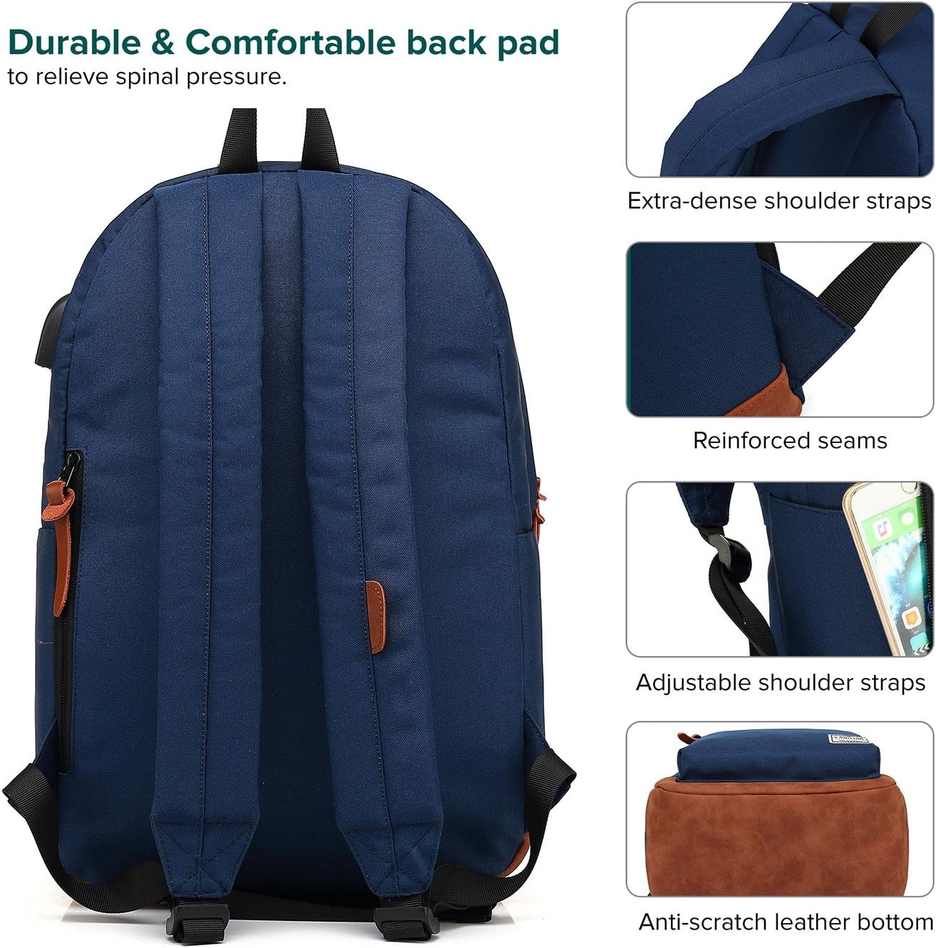 College Backpack, Water-resistent Laptop Backpack with USB Charging Port & Headphone Adapter for Men & Women Slim Anti-Theft Travel Bookbags Fits up to 14'' Computer 15'' Macbook - Blue