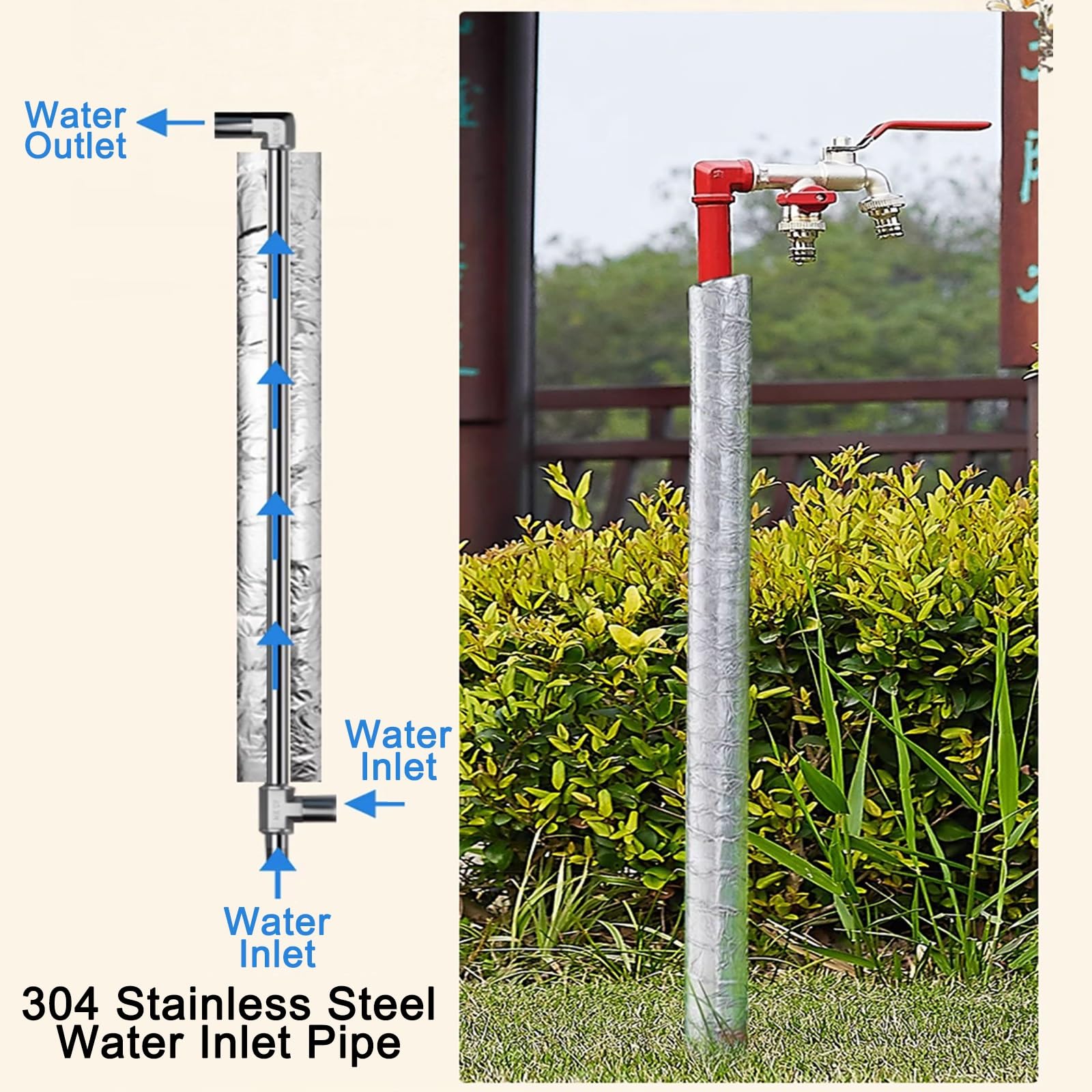 Supporto per tubo da giardino in acciaio inox con rubinetto per irrigazione esterna e irrigazione antigelo
