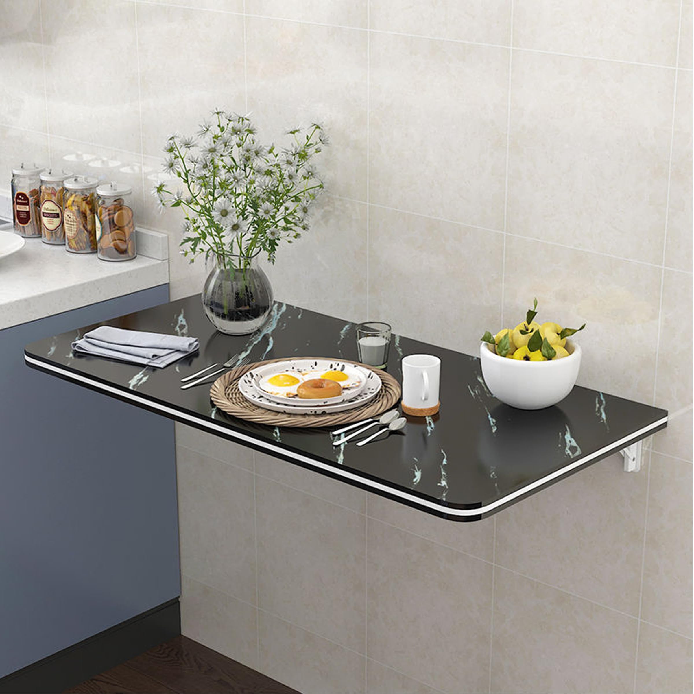 Photo 1 of Fold Down Table Wall Mounted, Floating Desk for Wall Small Spaces, Wall Folding Table for Home Office Computer Workstation,Study Work Bench, Kitchen Dining (Black 39.4"×19.7") 100x50cm / 39.4"×19.7" Black