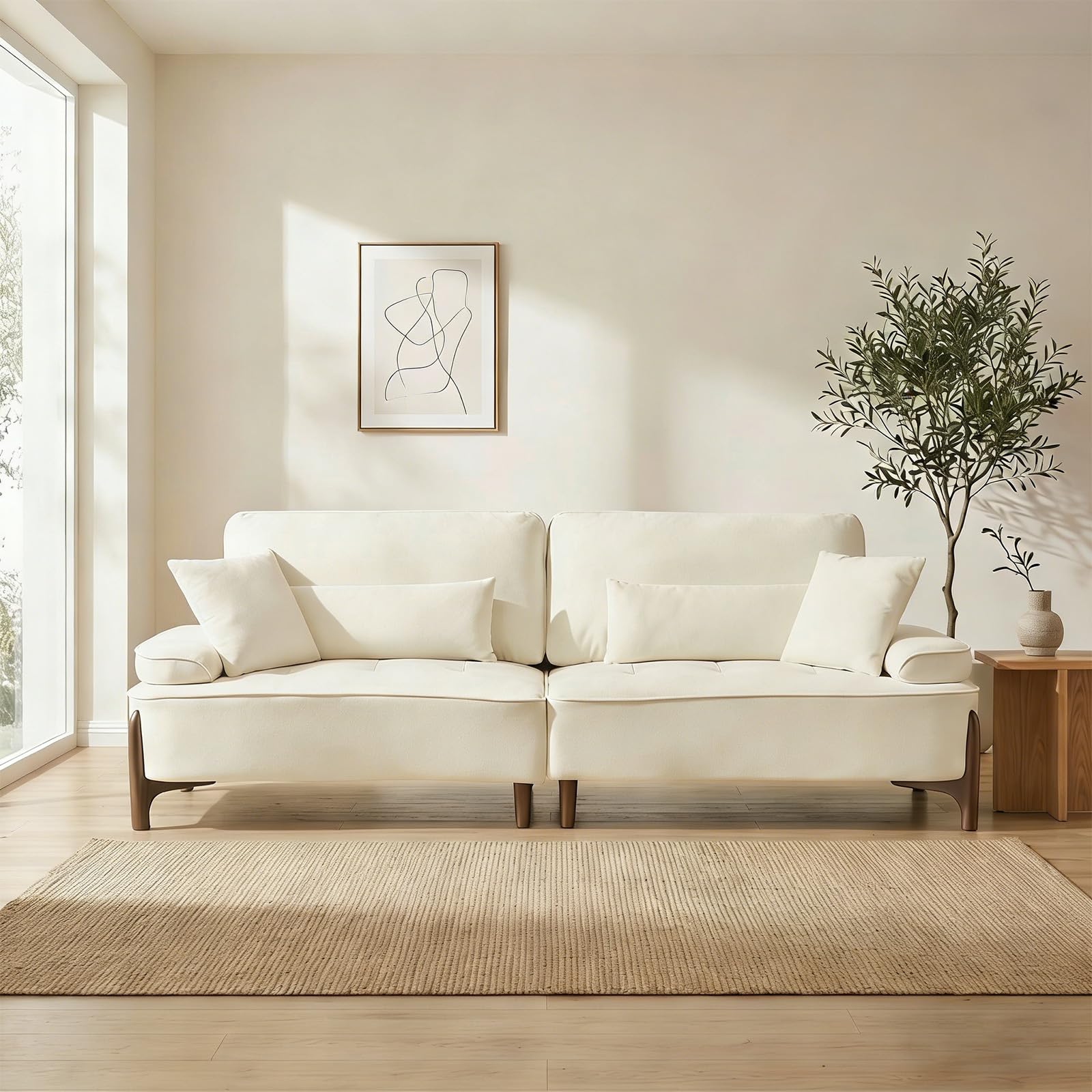 103" Oversized Loveseat with 4 Pillows for Living Room, Sturdy Solid Wood Frame Sofa, Mid-Century Modern Couch (Beige) | extra deep seat, high-density cushion, solid wood frame