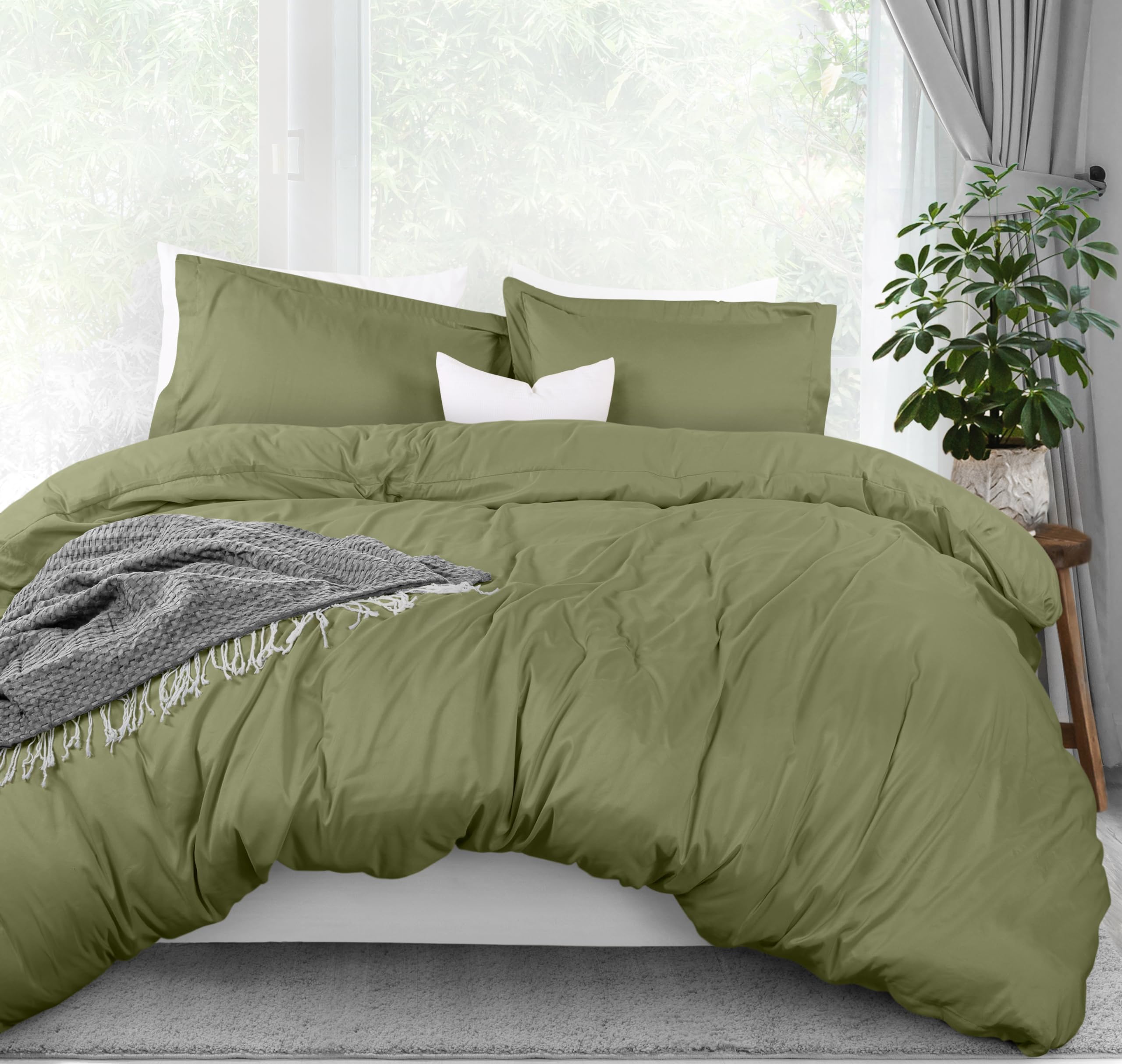 Bedding Duvet Cover Queen Size - 3 Piece with Zipper Closure - 1 Comforter Cover 90X90 Inches & 2 Pillow Shams 20X26 Inches (Olive) Comforter Not Included